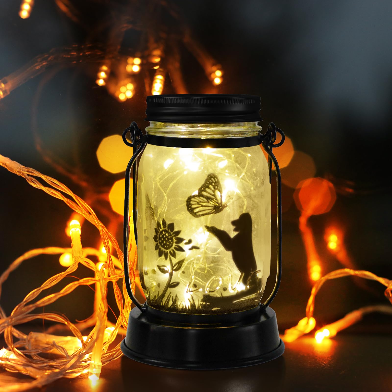 Styleonme Decor Mobile Outdoor Solar Lanterns, Solar Waterproof Dog Lights with Butterfly, Gifts for Women Men Dog Lovers Gifts,