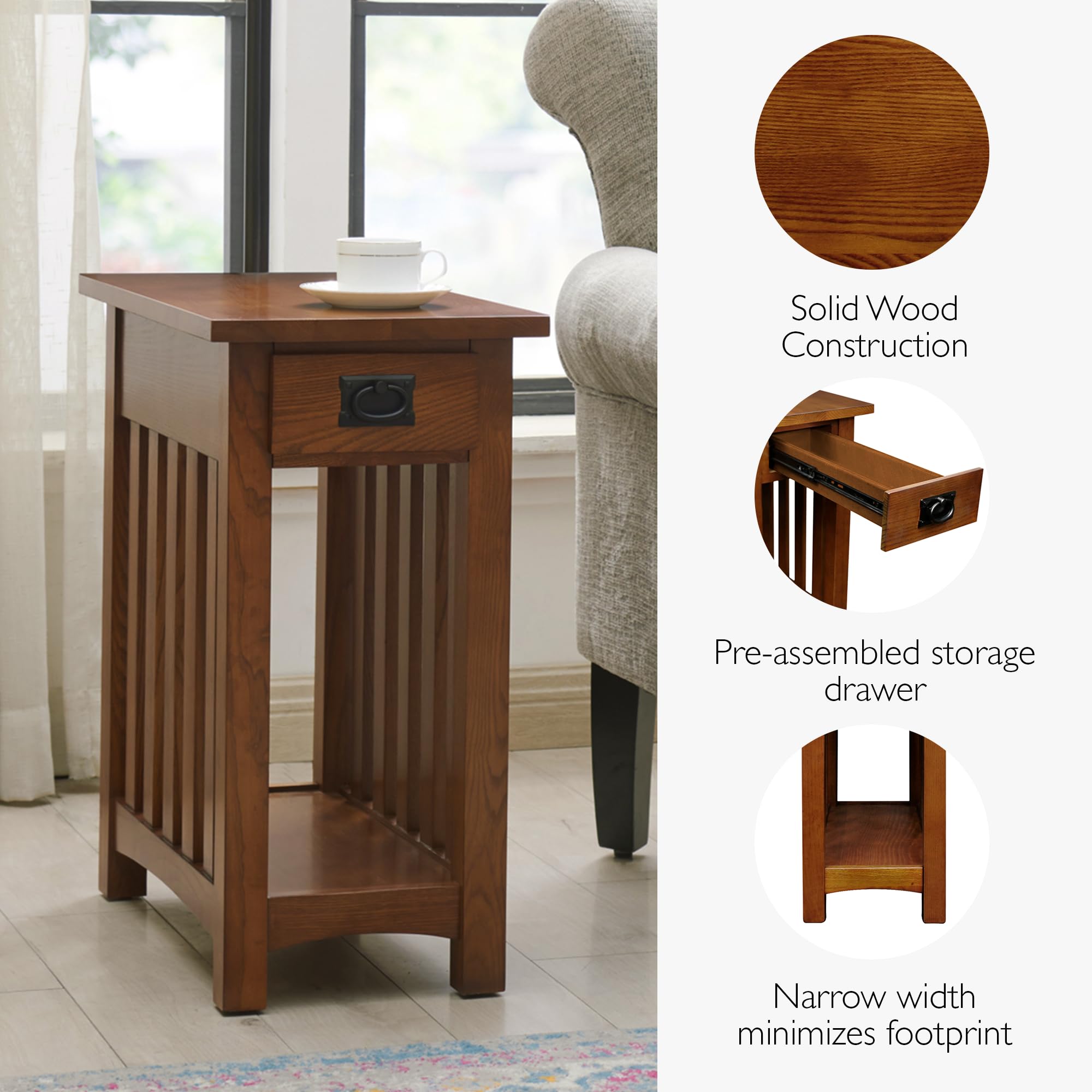 Leick Home Mission Impeccable Coffee Table, Solid Wood with 2 Drawers & Shelf, Medium Oak Finish, Blackened Hardware, Slatted Si