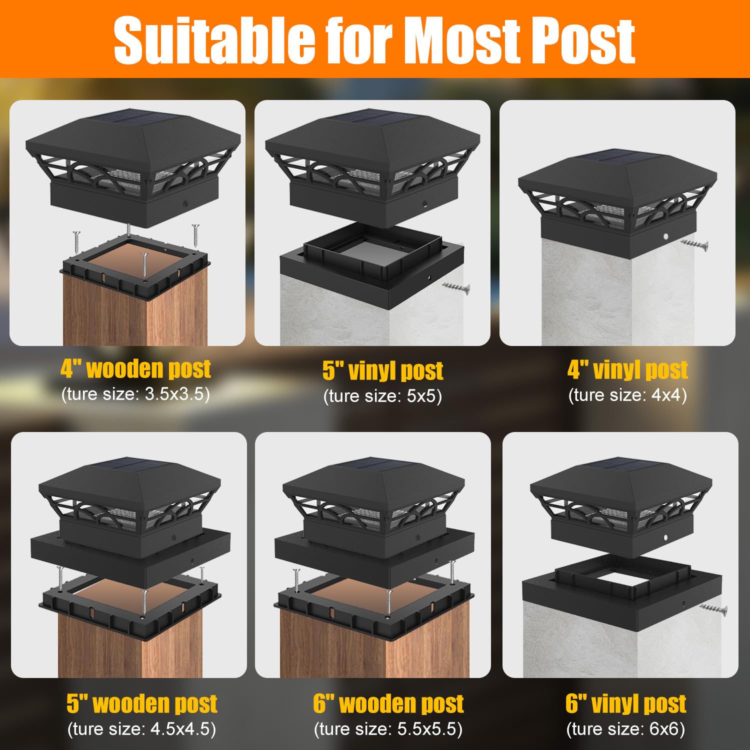 T-Sun 6 Pack Solar Post Cap Lights, Waterproof Warm/Cold White For 4X4 5X5 6X