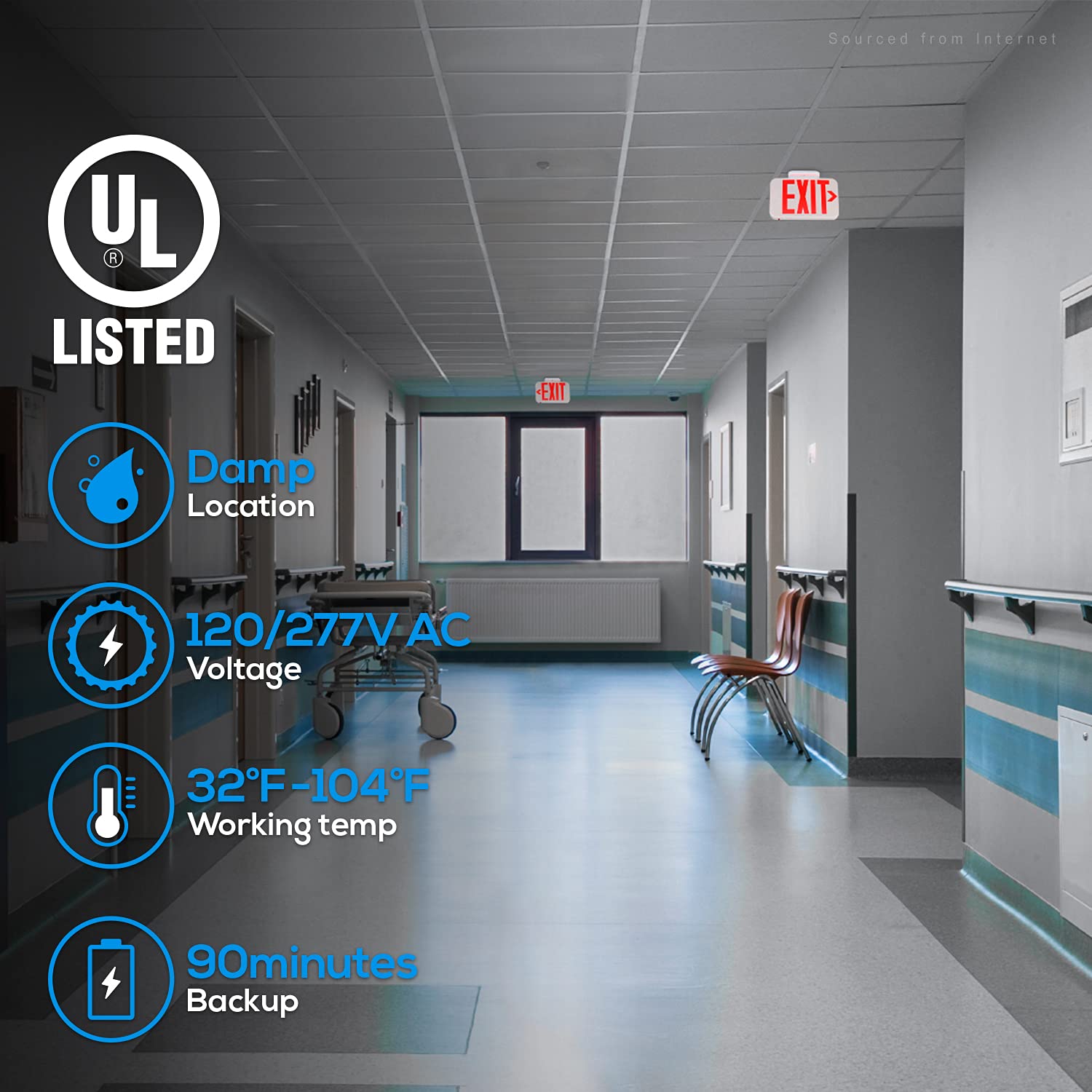 TORCHSTAR LED Exit Sign with Battery Backup, Double Face, Red, UL 924, Hardwired for Business, Pack of 2, Damp Location, AC 120/277V