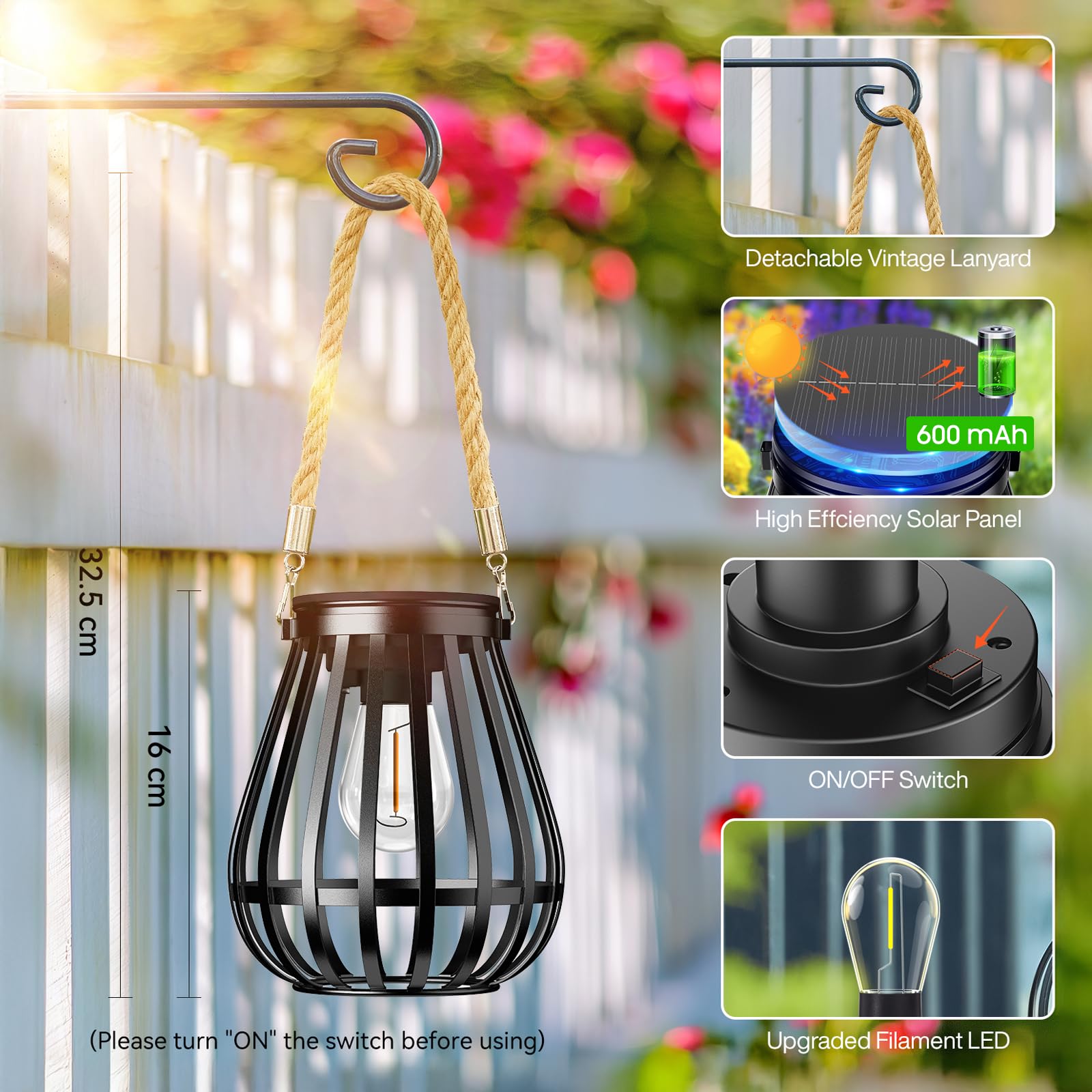 Bonlion Hanging Solar Lanterns Outdoor Waterproof, Bright And Warm Lighting Solar Lantern Up To 12 Hours, Premium Metal Outdoor