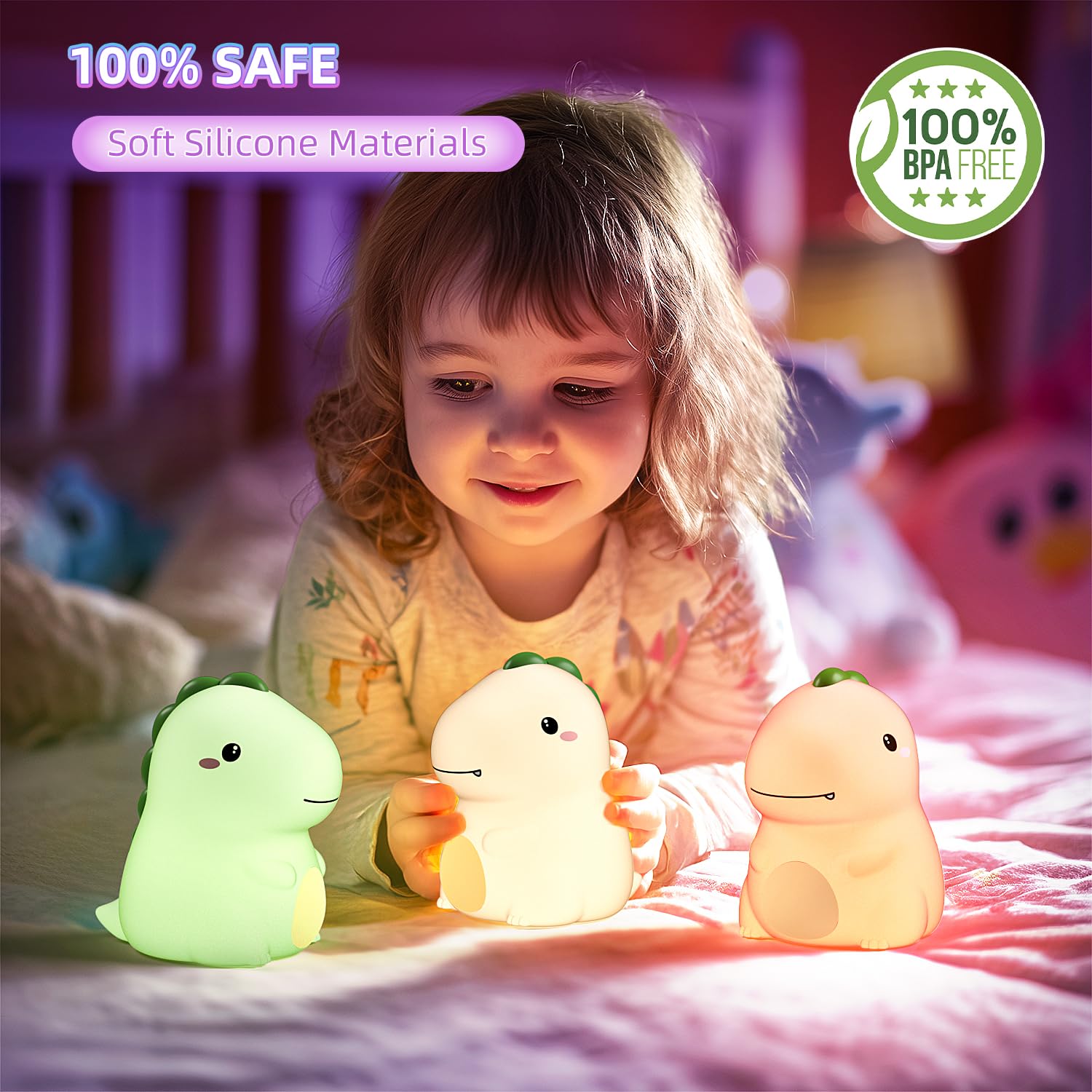 Kinyilo Dinosaur Night Light For Boys  Dino Lamp Silicone Light  16 Color Nightlight  Rechargeable Battery Powered  30Min Timer Off  Ideal Gifts For Kids Toddler Baby