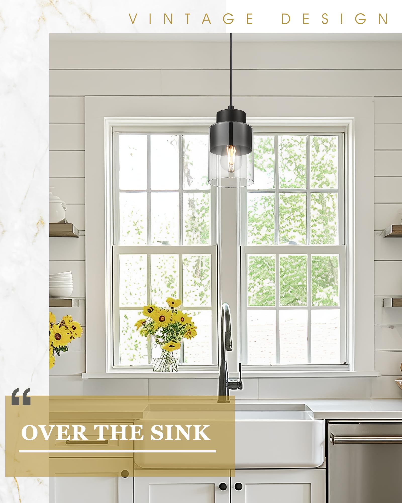 Audickic 2-Pack Pendant Lights, Modern Matte Black Metal & Glass Fixtures, Model AD-24022-1P2-BK for Kitchen Island & Dining Room