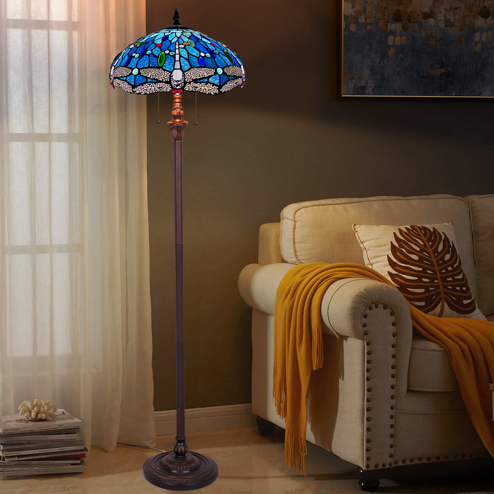 Capulina Tiffany Lamp Floor Lamp 2-Light Dragonfly Design 63" Blue CL184376FL