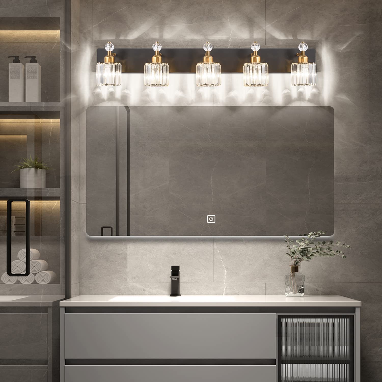 PRESDE Modern Black Crystal 5-Light Bathroom Vanity Light Fixture, Matte Black and Gold, Wall Sconce Over Mirror