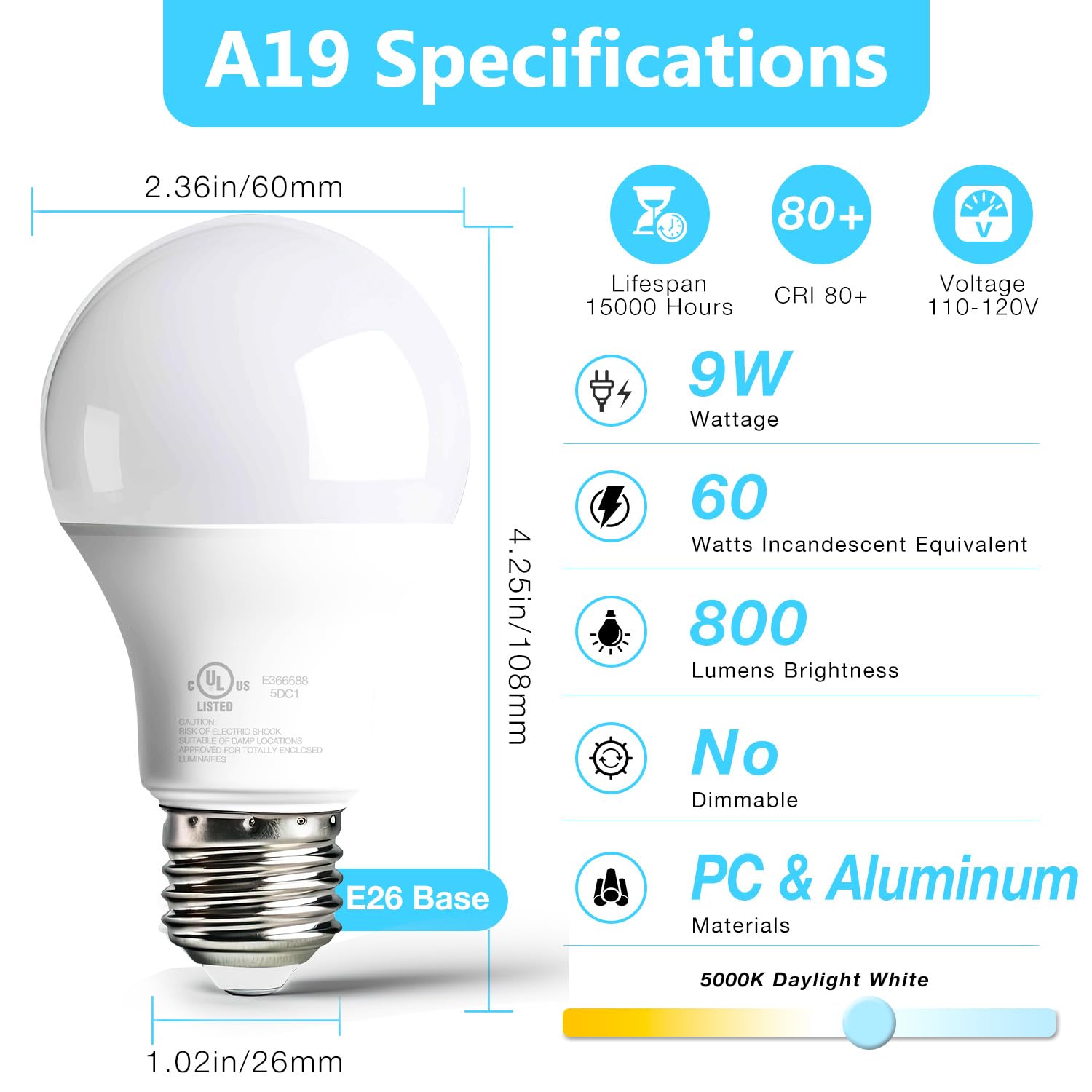 Dalattin 6 Pack Led Bulbs Daylight White 5000K, 60 Watt Equivalent A19 Standard Bulbs, E26 Base, 800 Lm, Efficient 9W Energy Sav