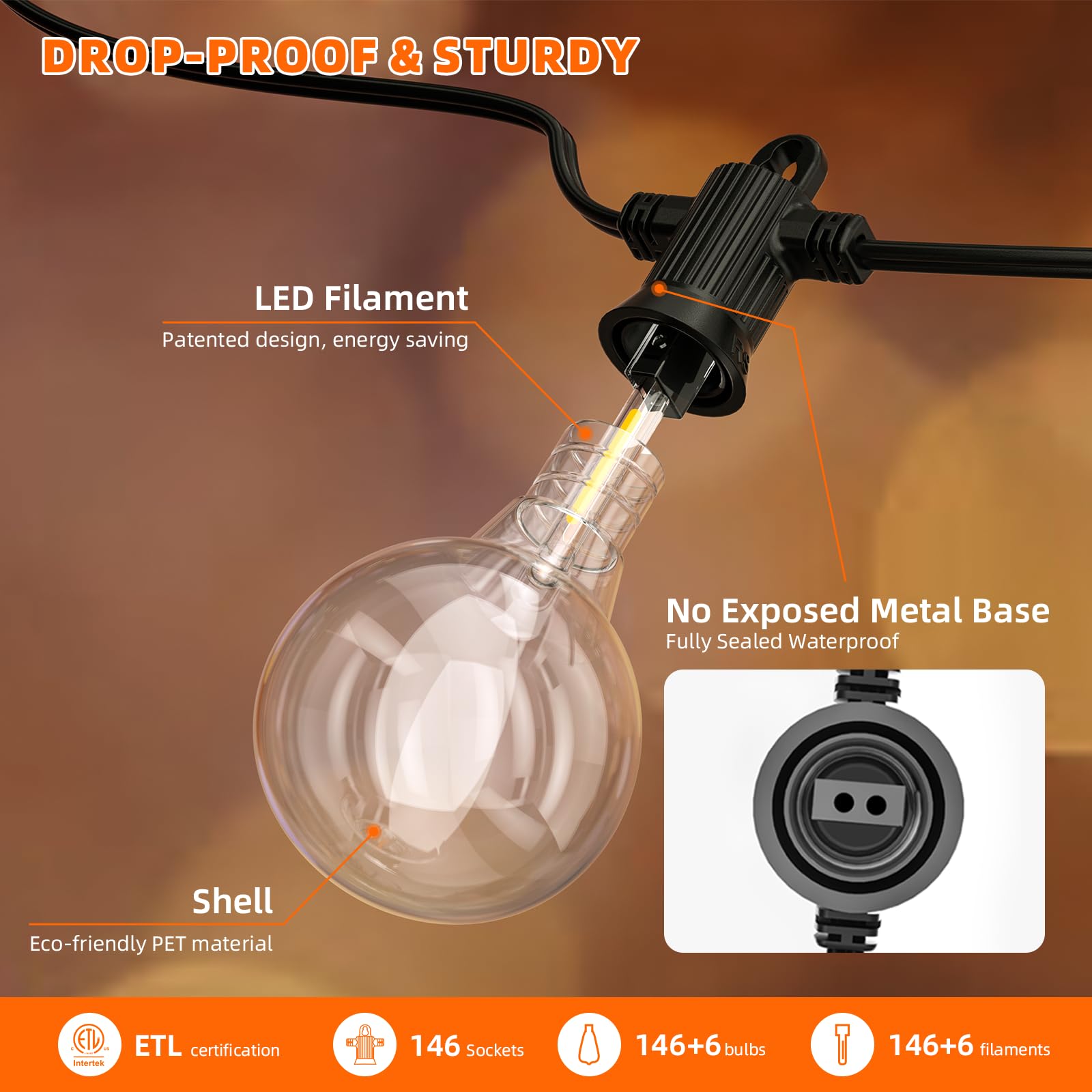 Kawaya Outdoor String Lights - LED Waterproof 300FT Black with 146+4 G40 Shatterproof Globe Bulbs - Model 12-25