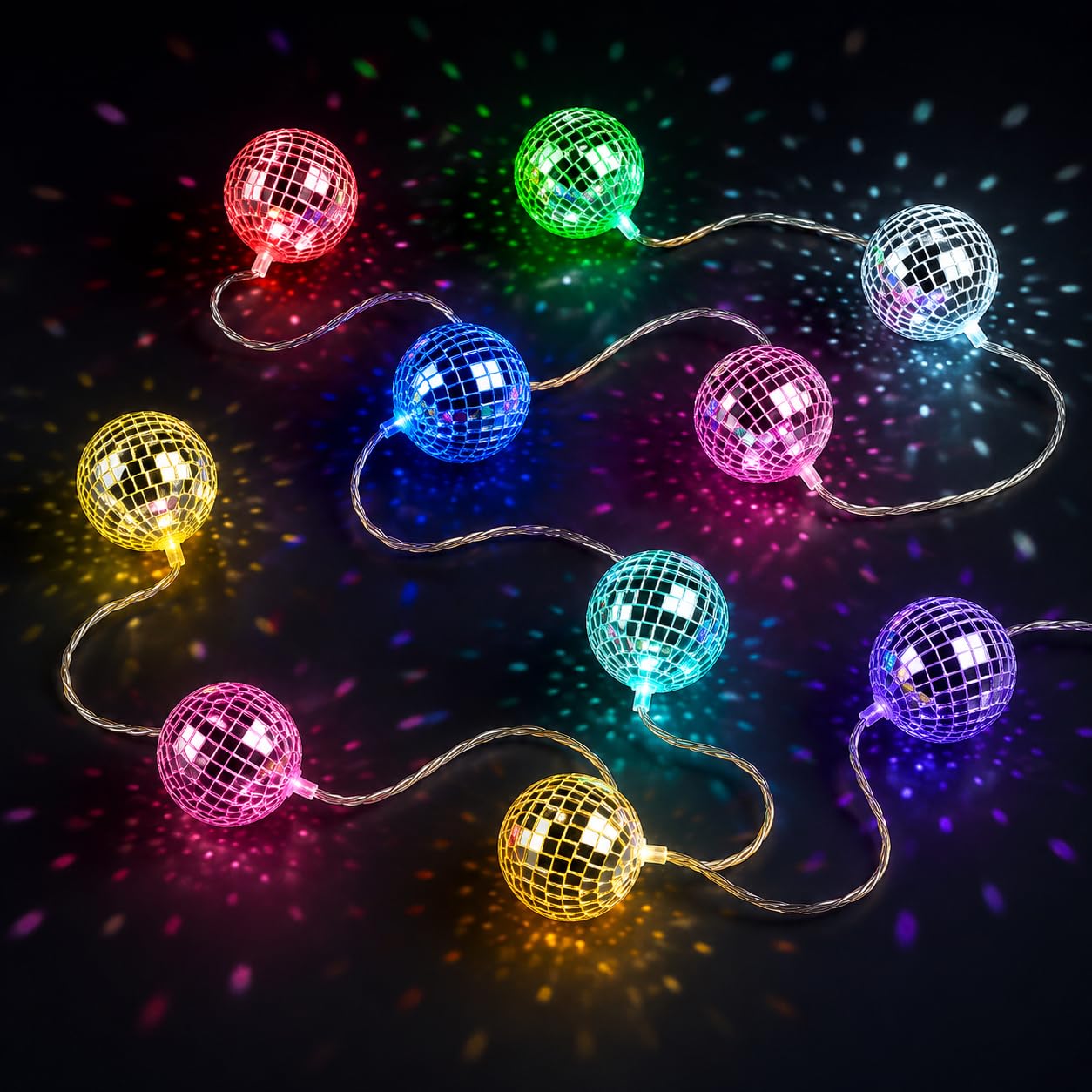 Youdepot Disco Ball String Lights Battery Powered - 10 Multicolor Mirror Balls | Hanging Disco Ball Decor for Outdoor Waterproof