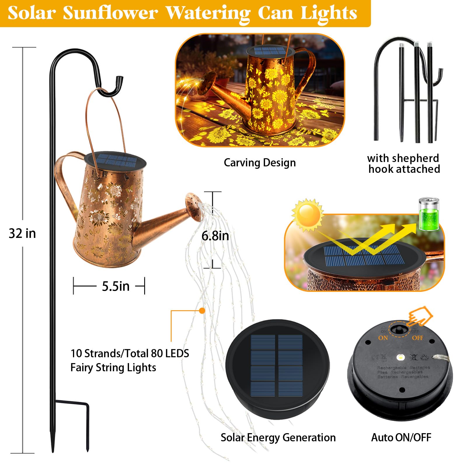 Vcdsoy Solar Watering Can Lights, Waterproof Outdoor Lantern, Sunflower - Warm White, Model TYSHD-25-XRK-1-NB