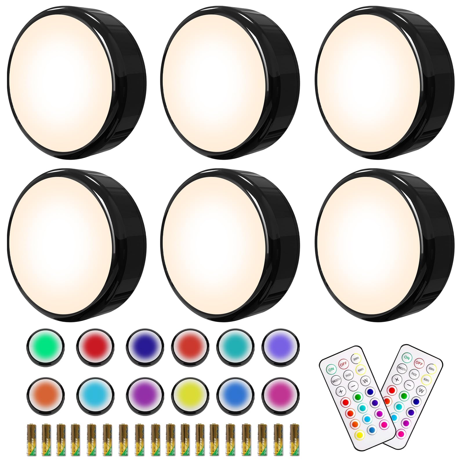 HELPLEX LED Puck Lights, 16 Colors, Dimmable, Battery Powered, 6 Pack, Includes 18 AA Batteries, Remote Control, Timing Function, Black