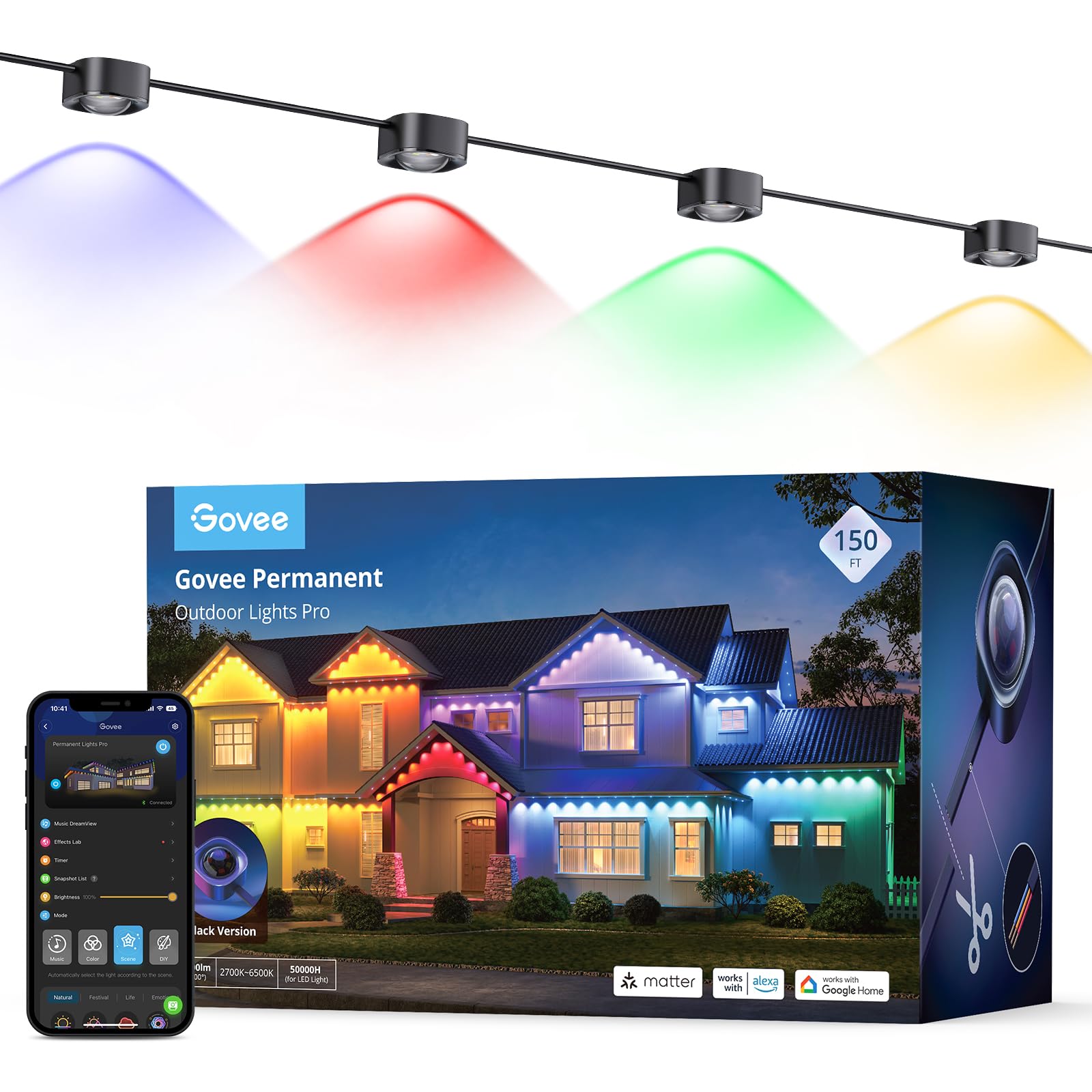 Govee Outdoor Lights Pro, 150ft, 90 RGBIC LEDs, 75 Scene Modes, IP67 Waterproof, Works with Alexa, Google Assistant, Black, Model H706B