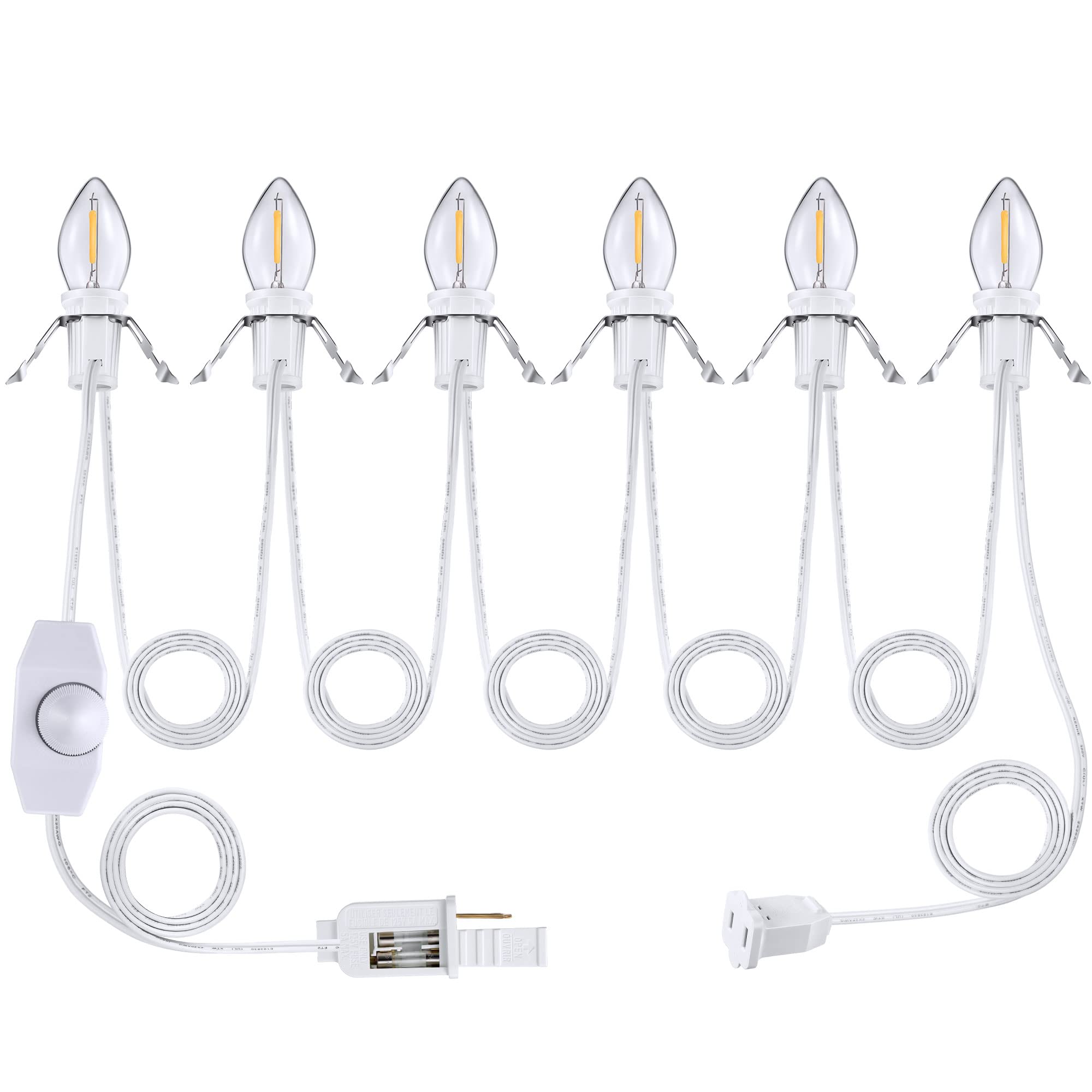 Accessory Cord with 6 LED Light Bulbs, 14.8 ft White Cord with C7 Lamp, On/ Off Switch Plug, Spare Fuses, Female/ Male Plugs, Village Light for Halloween Christmas Indoor Decor Craft Project (6 Light)