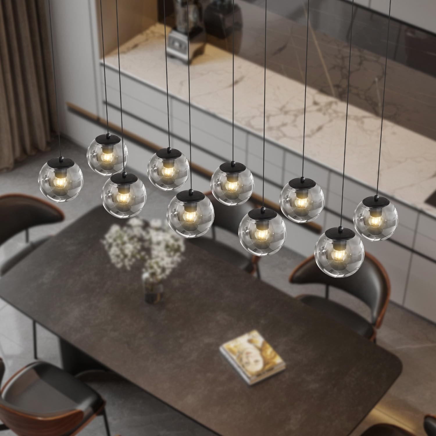 ykolupty Rectangular Chandelier 10-Light Smoke Gray Metal Fixture for Dining Room, Living Room, Foyer, Model TP3016-YH-10H-CT