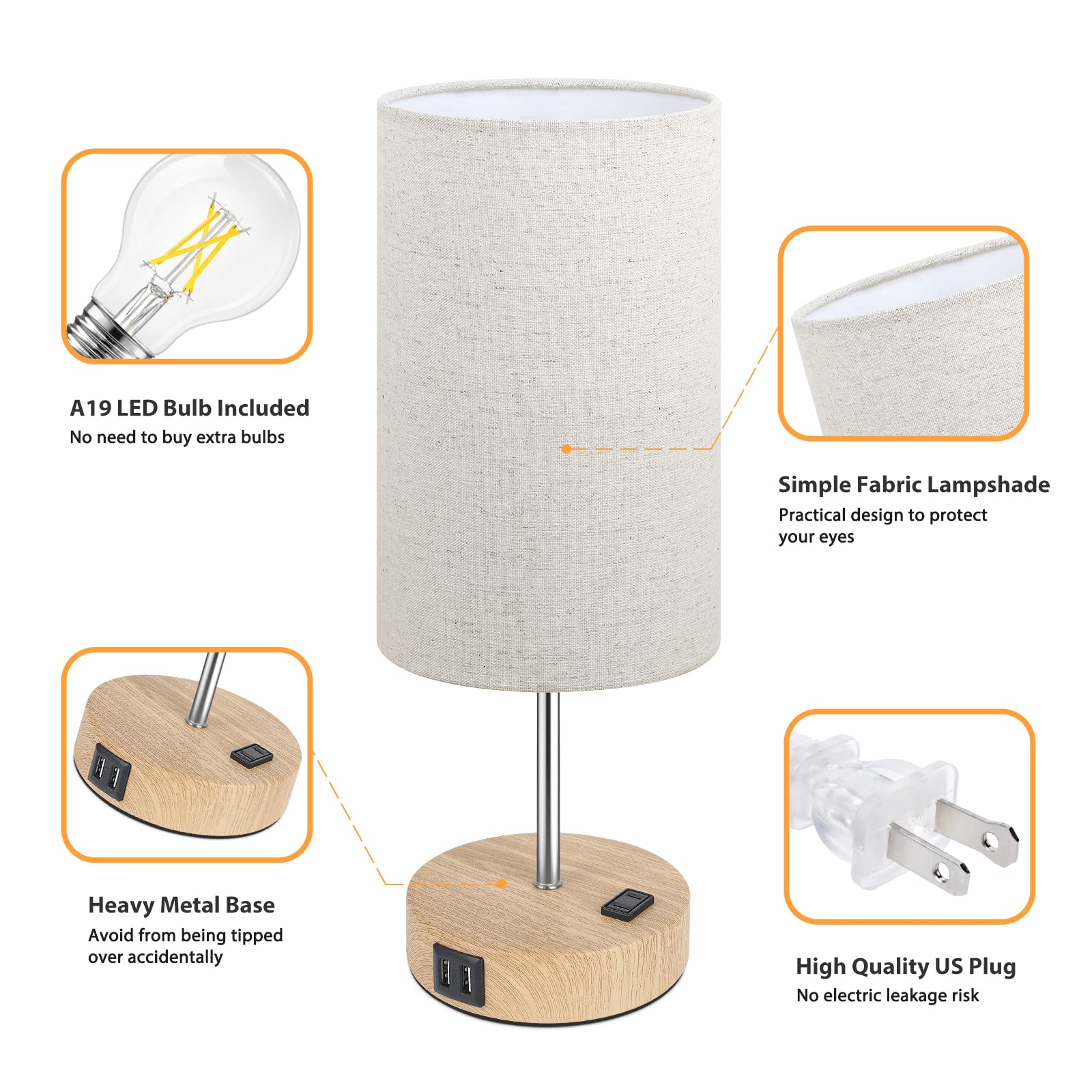Bedside Table Lamps With 2 Usb Charging Ports & Ac Outlet, Set Of 2 Touch Control Wooden Base Nightstand 3-Way Dimmable Lamps Wi