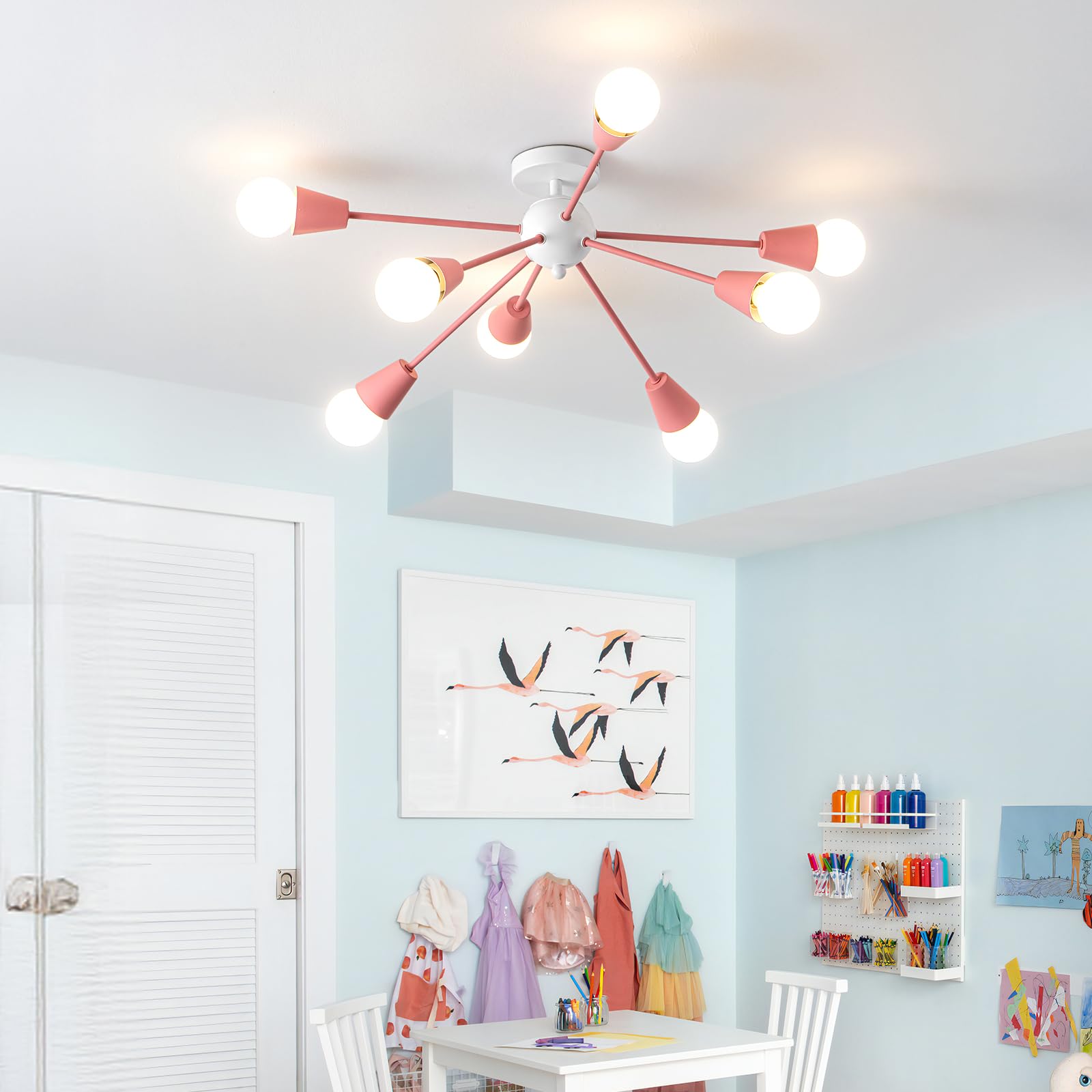 Ymlii Pink Sputnik Chandelier Ceiling Light Fixture, 8-Lights Modern Sputnik Lights Fixture With E26 Base, Semi Flush Mount Ceil