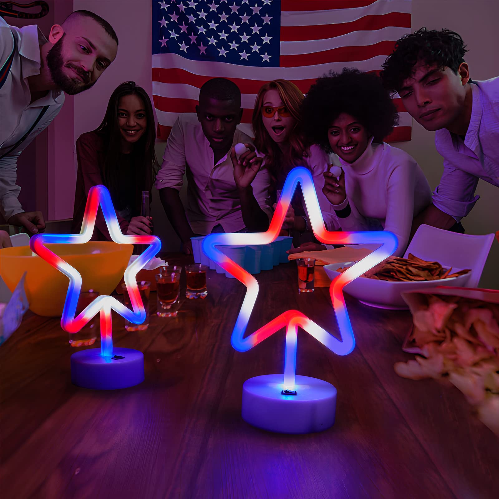 WBao 4th of July Decorations 2 Pack LED Patriotic Neon Star Signs, USB/Battery Powered Red White Blue Stars for Home, Tabletop,