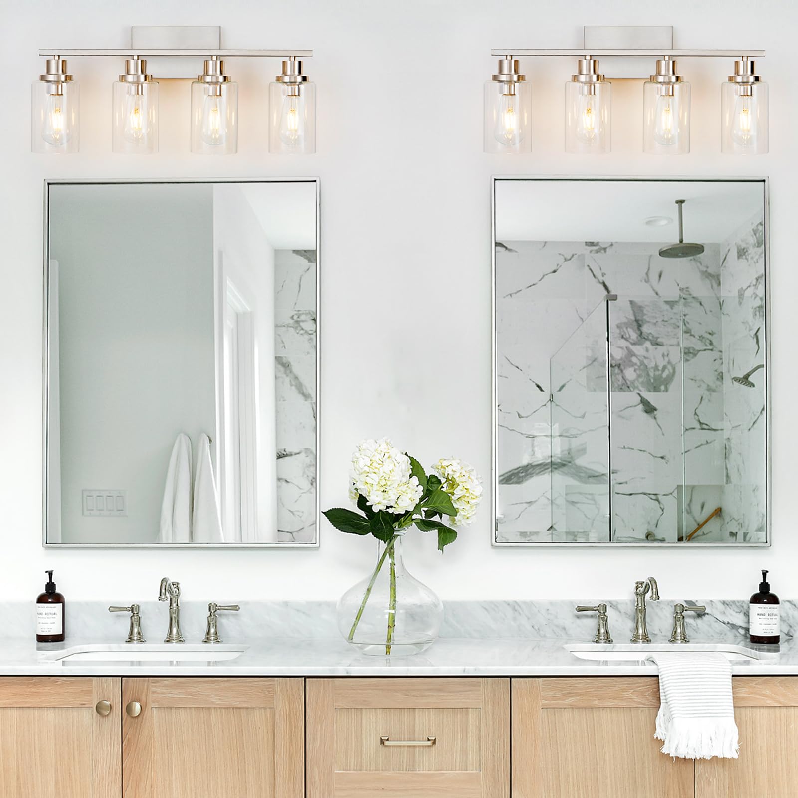 HCCZ 4 Light Bathroom Vanity Light Fixtures Brushed Nickel Glass Shade Model 800-100-1080 for Modern Farmhouse Decor