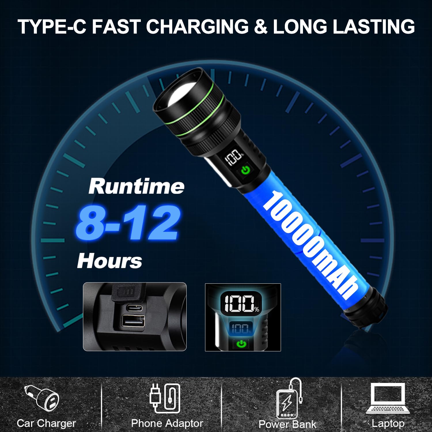 KZK Extremely Bright Rechargeable Flashlight, 9000 High Lumens LED Flashlights with Long Handle,Powerful Handheld Flashlight wit