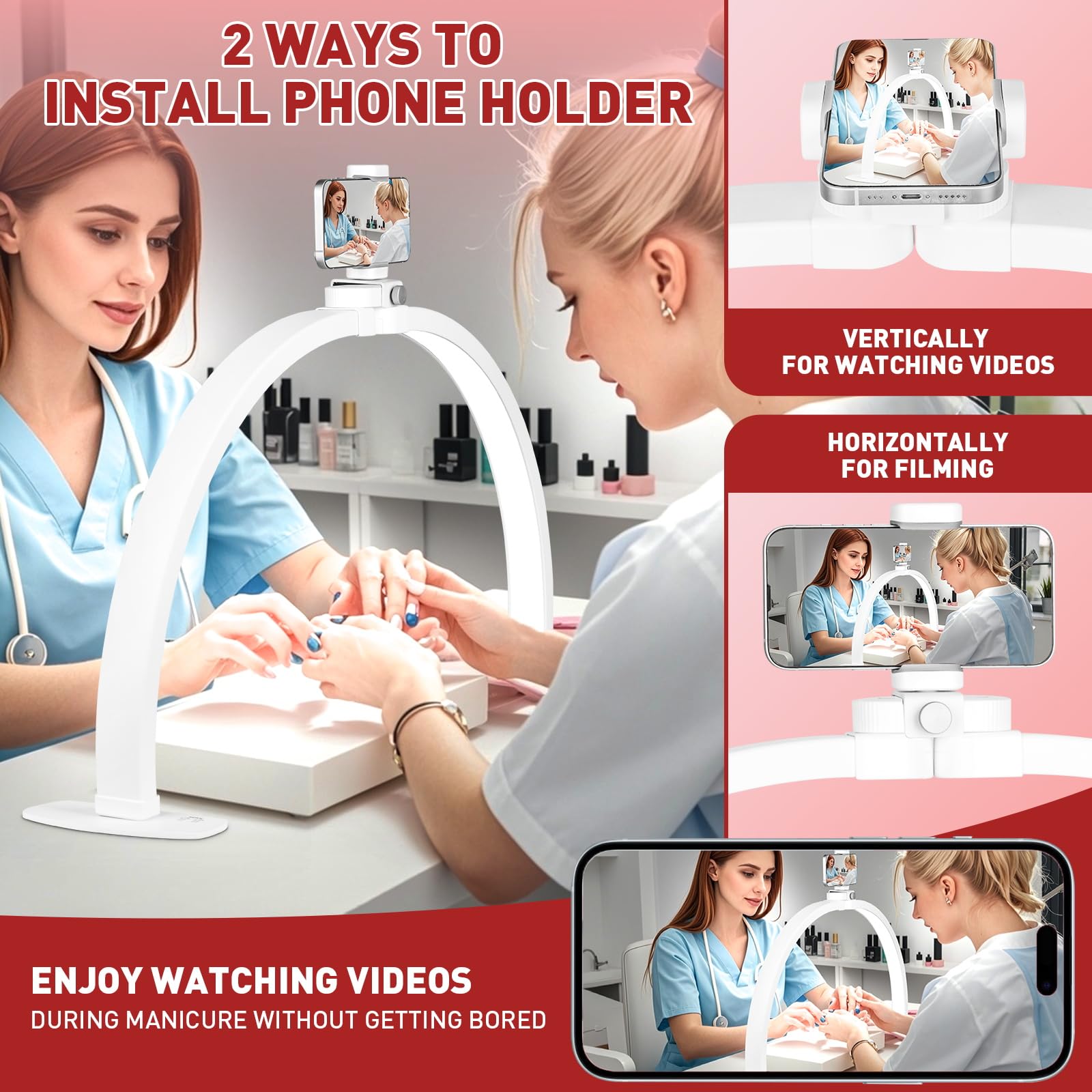 Kirkas Half Moon Light For Nail Desk With Phone Stand, 29In Foldable Arch Light For Nail Tech, 3 Color Modes & 10 Brightness Nai