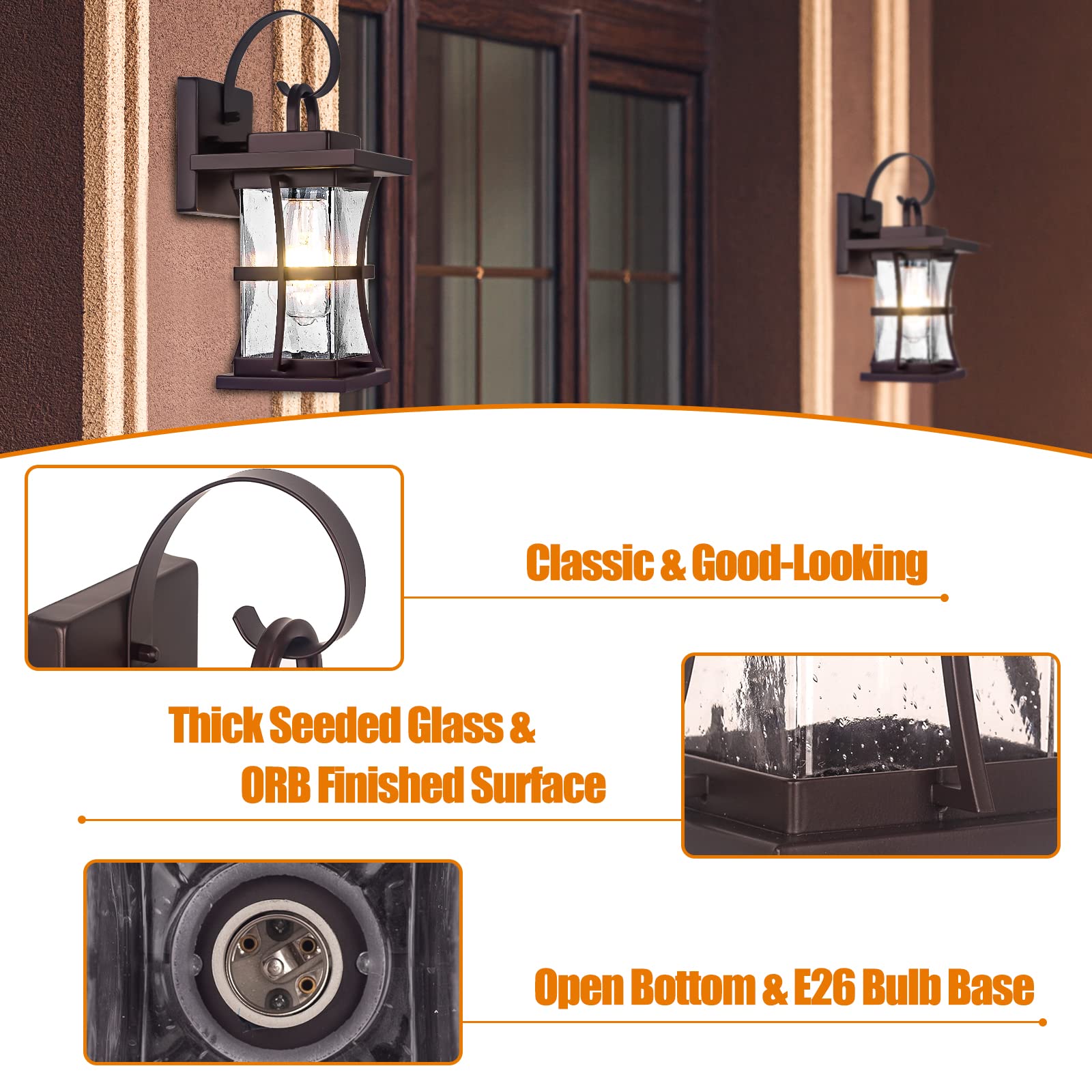 2 Packs Outdoor Wall Light, Oil Rubbed Bronze Exterior Light Fixture Waterproof Porch Sconces Wall Mounted Lighting, Anti-Rust Rustic Wall Sconce For House Garage, Doorway, Front Door Entryway, E26