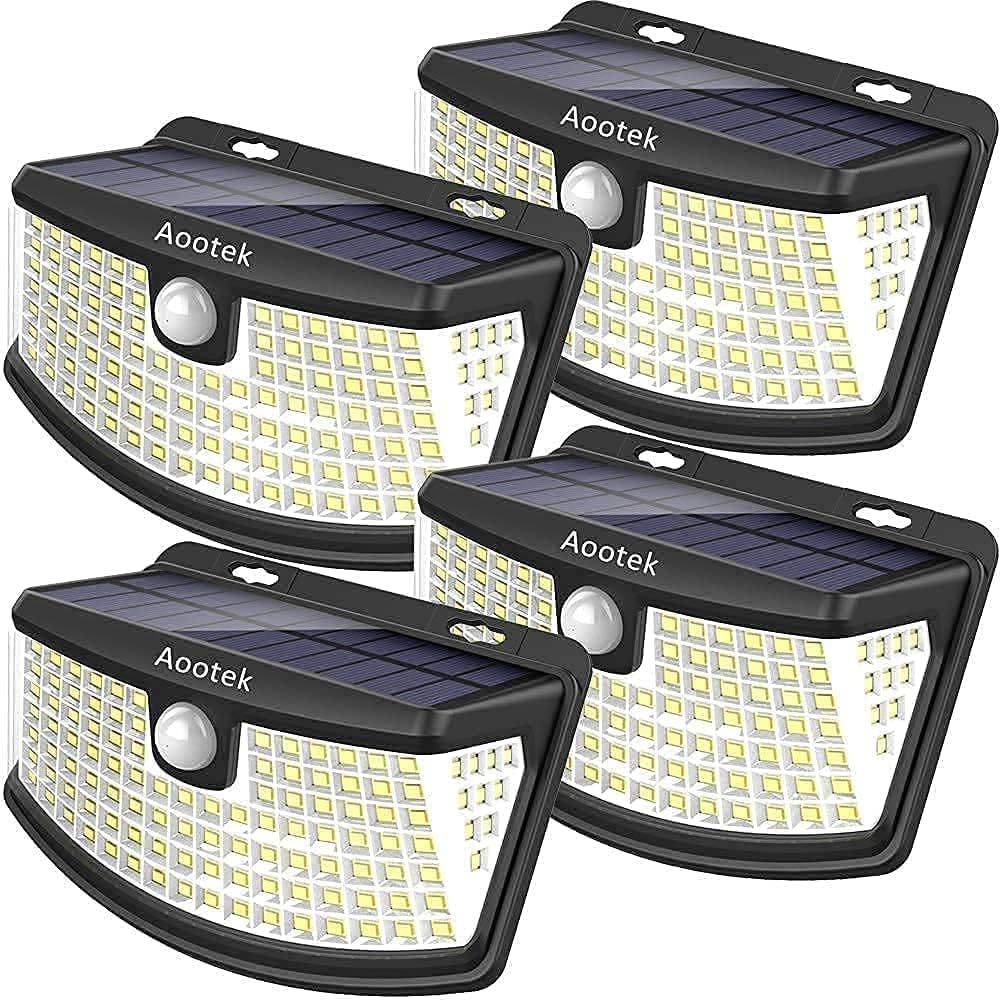 Aootek Solar Motion Sensor Lights 120 LEDs, IP65 Waterproof, 270° Wide Angle, 4-Pack, Black, Model AK07