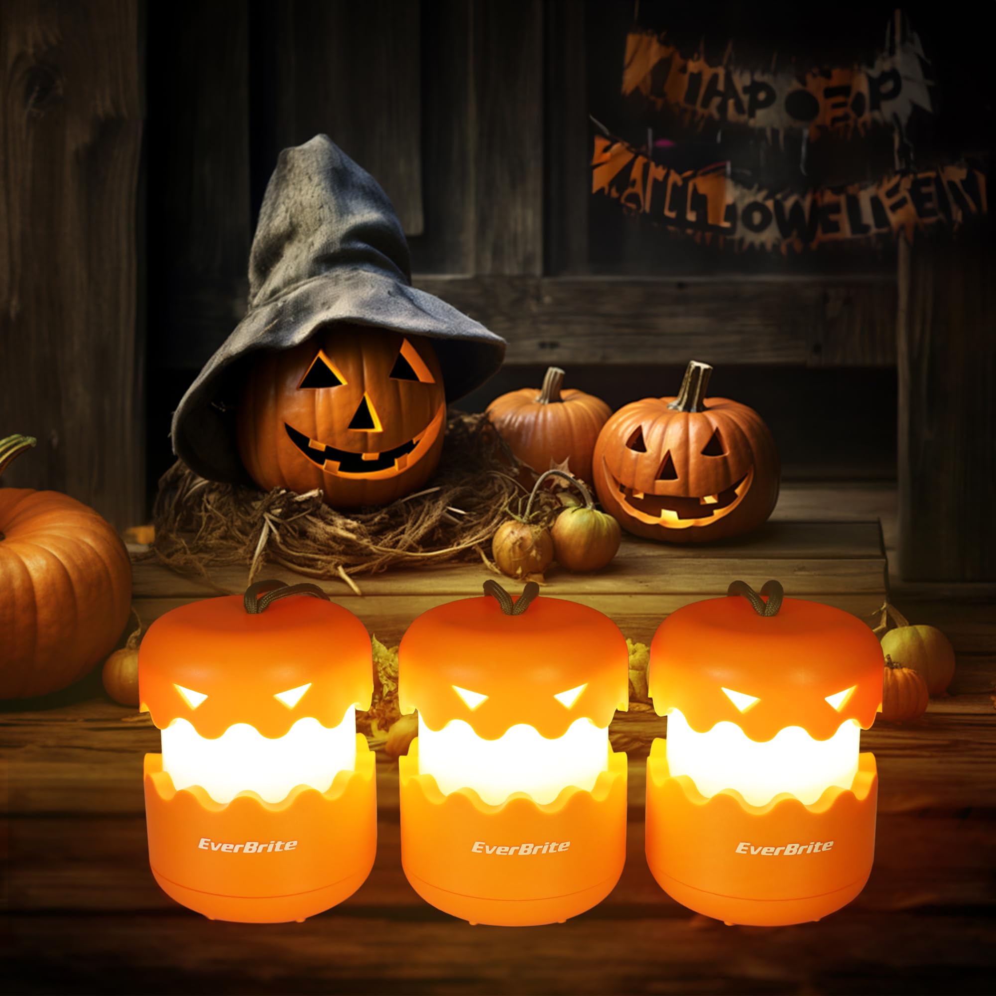 Everbrite 3-Pack Collapsible Halloween Pumpkin Lanterns, Orange Abs Light-Up Jack O Lanterns For Kids, Model E041044A