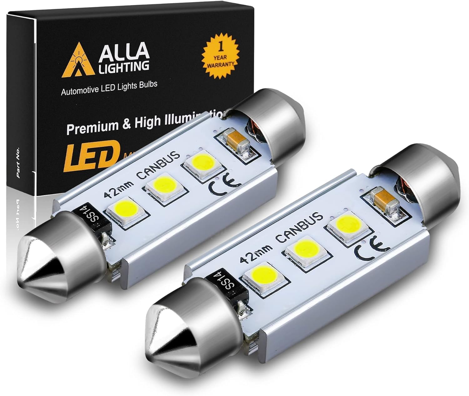 Alla Lighting 41mm/42mm 578 211-2 212-2 LED Festoon Bulbs, 6000K Xenon White CAN-Bus Interior Dome, Map, Trunk, Step Courtesy Li