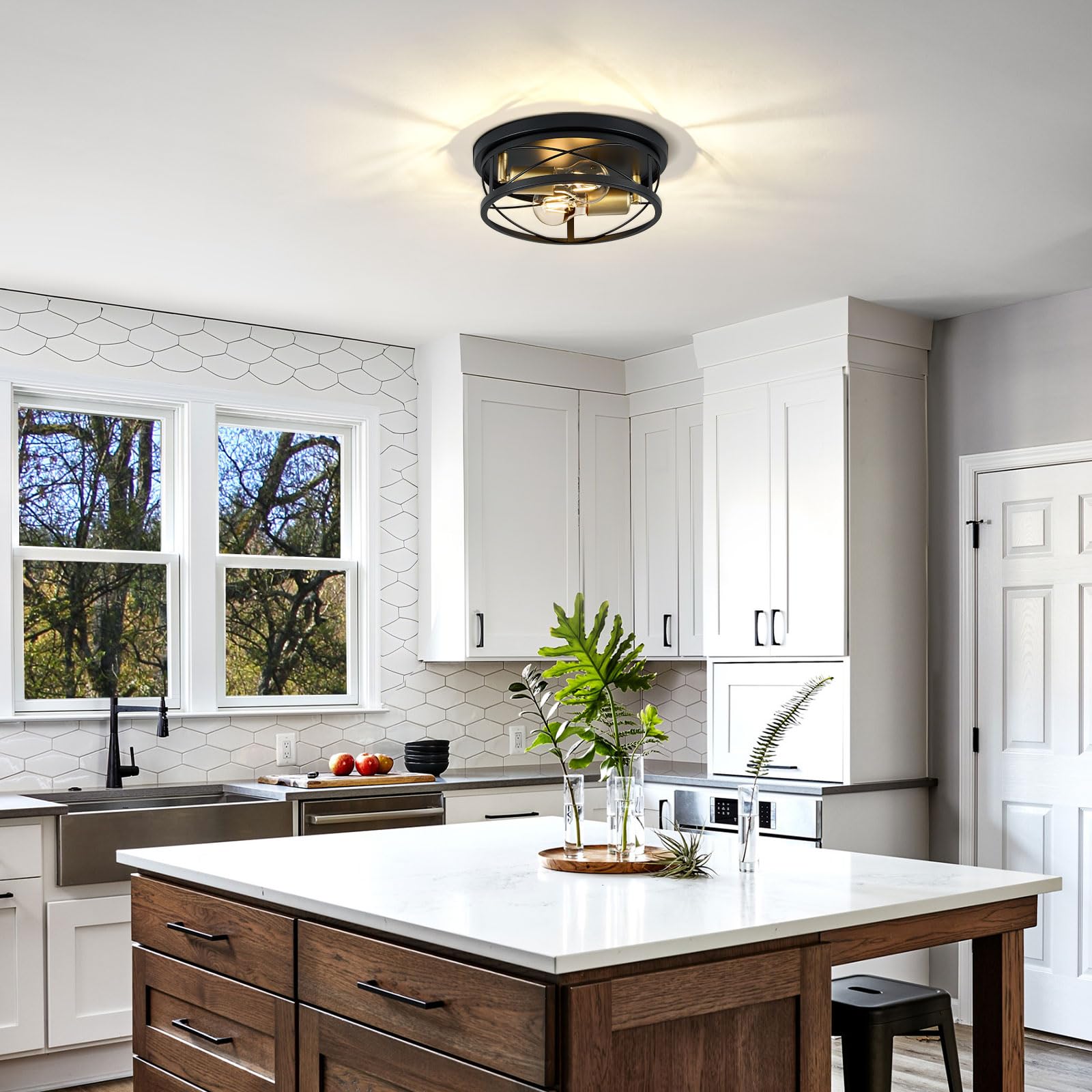 Violoemi Farmhouse Lights Black And Gold Industrial Flush Mount Ceiling Light  Ceiling Lamp Farmhouse Lighting Fixture For Hallway  Bedroom  Kitchen  Entrance  2-Light