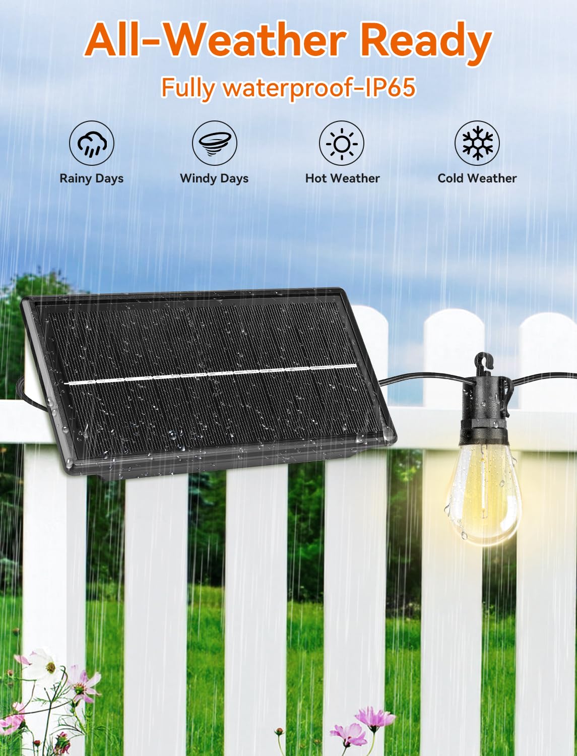 Brightever Solar String Lights For Outside, 50Ft Patio Lights Outdoor Waterproof Solar Powered, 3 Lighting Modes Dimmable, 15+1