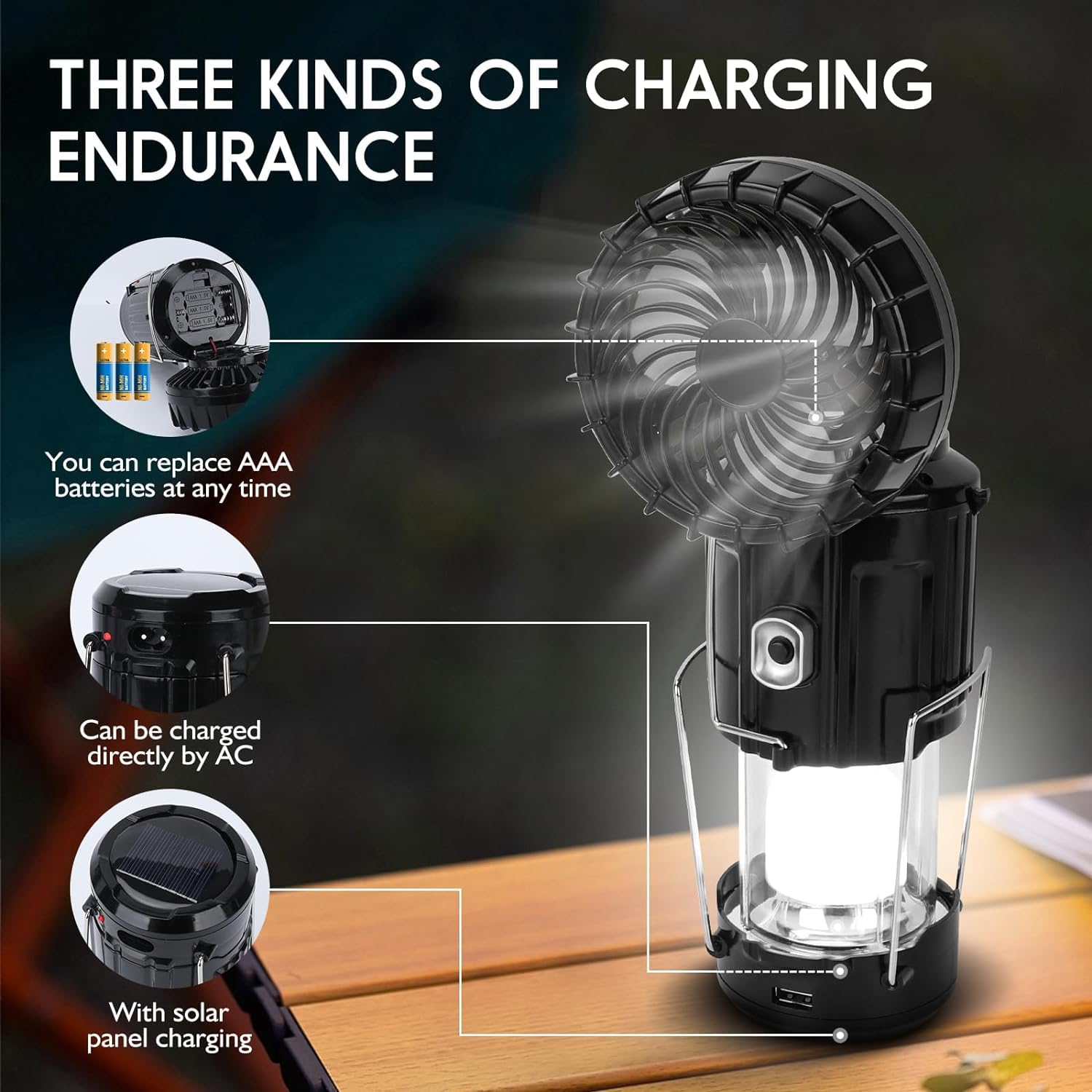 BUGPASS Solar Portable Lantern with Fan - Collapsible LED Camping Light, Rechargeable, Black