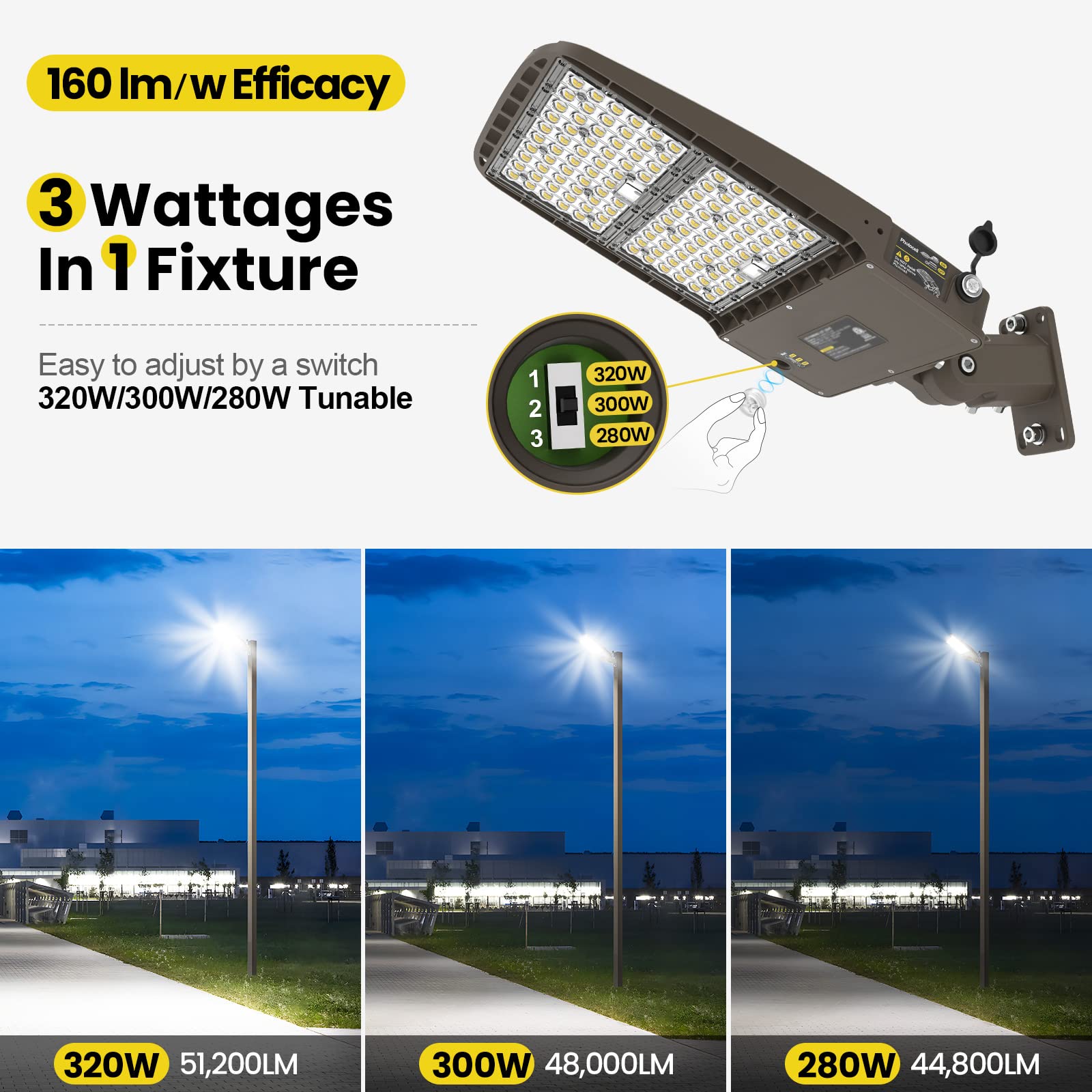 Yarbo 320W Led Parking Lot Light 300W 280W Tunable, 5000K, 51200Lm 160Lm/W Parking Lot Light, Dimmable Led Shoebox Light, Dusk T