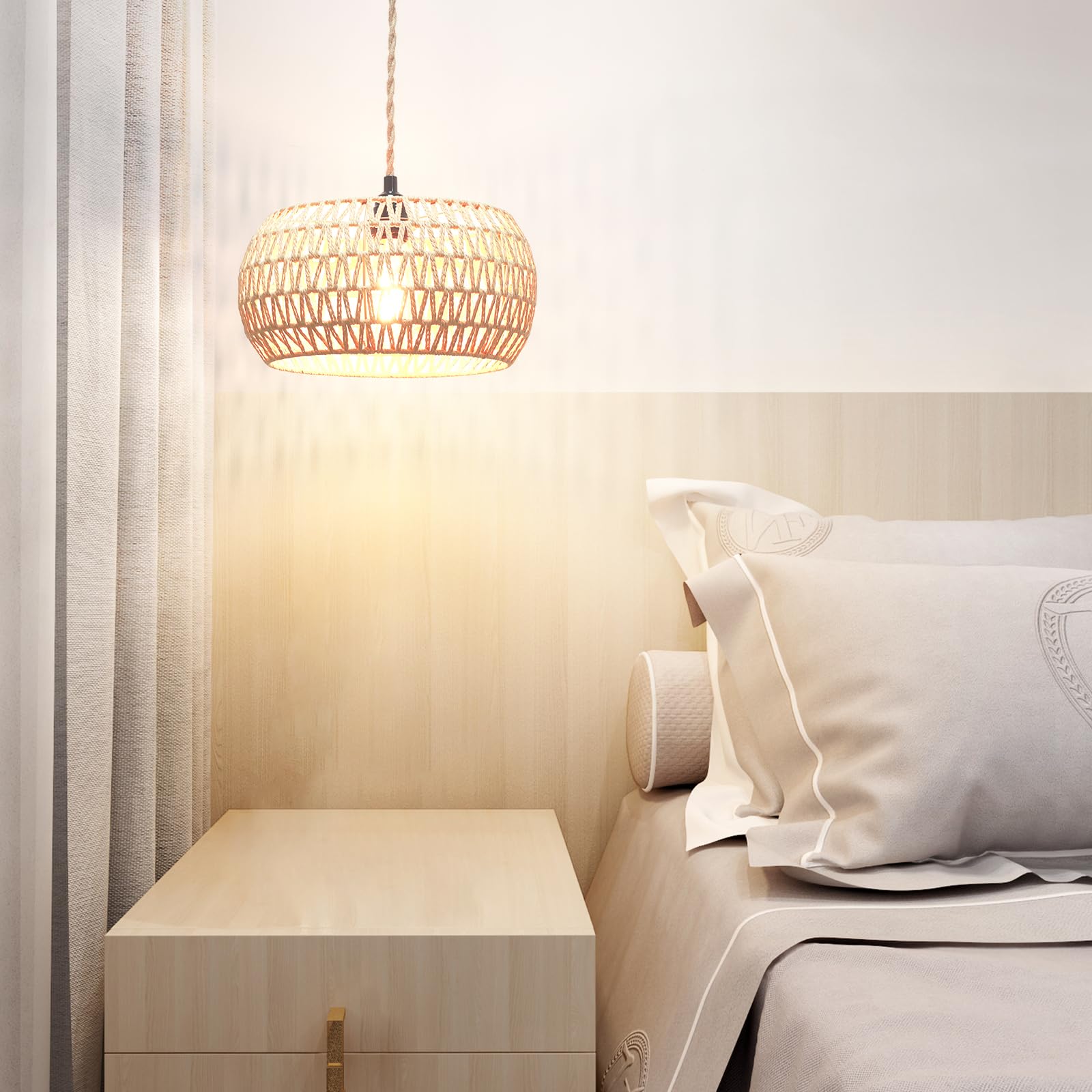 Garvot Plug In Pendant Light Rattan Hanging Lamp, Rattan Pendant Light With On/Off Switch,Rattan Woven Lampshade Hanging Lamp Pl