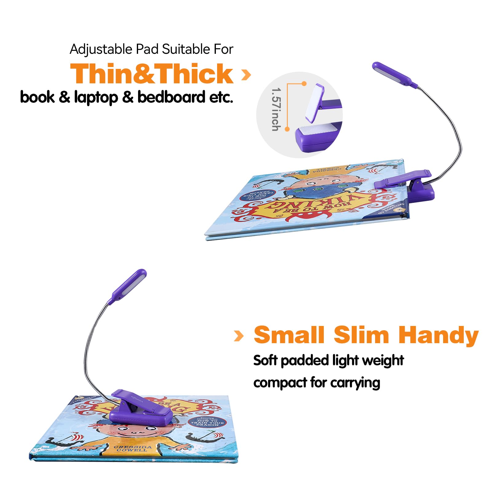 VAVOFO Rechargeable Book Light, 7 LED, 9-Level Warm Cool White, Eye Care Lamp, Dark Purple, Model KM-6720