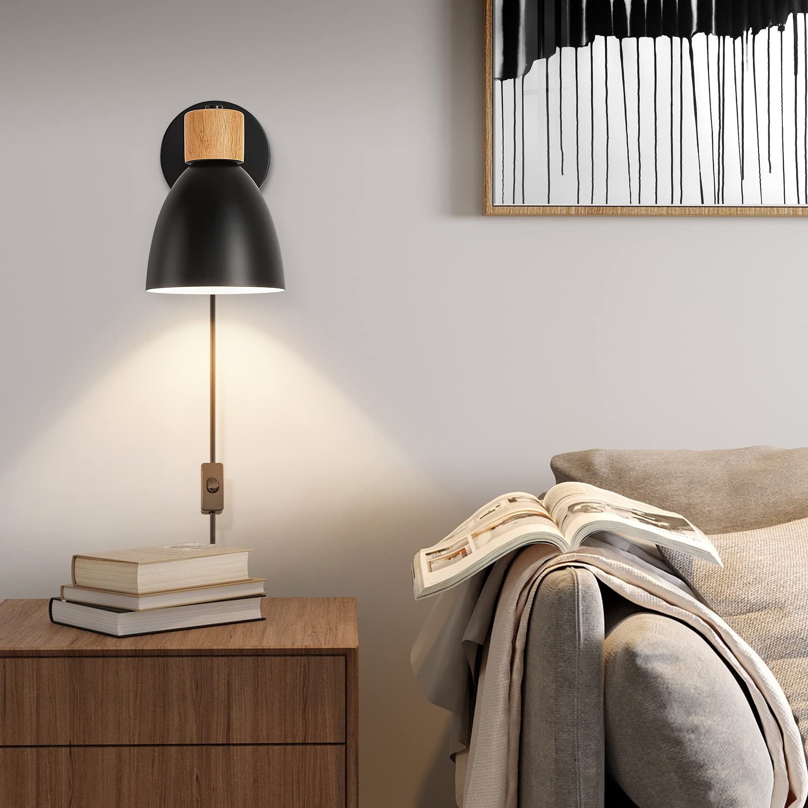 Eyooer Wall Sconces Plug In, Swing Arm Wall Lamp With Power Cord, Black Plug In Wall Lighting Fixtures Set Of Two, Bedside Wall