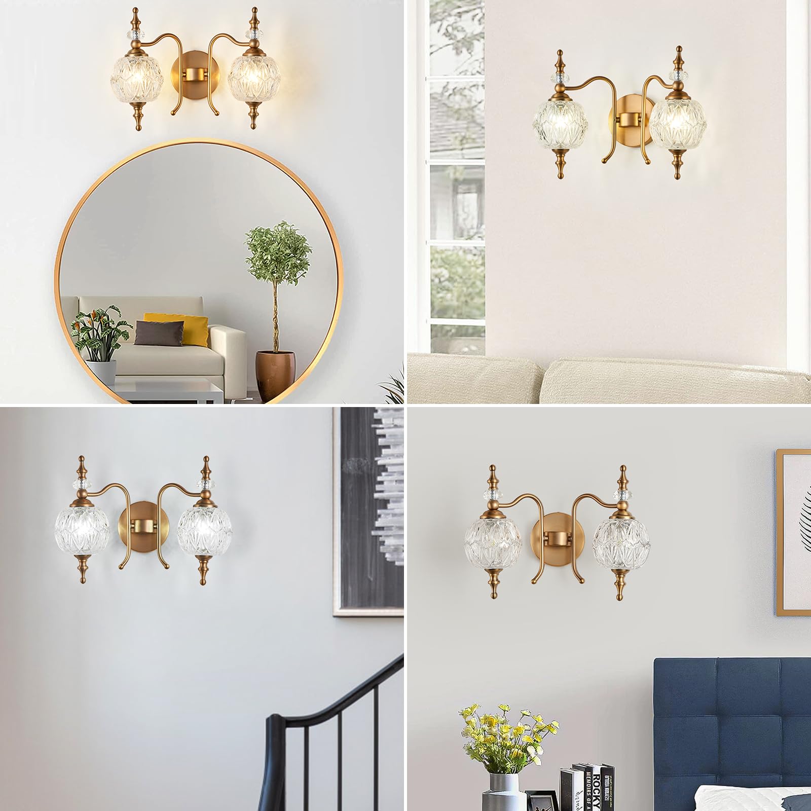 TLOLGT 2-Light Vintage Crystal Bathroom Wall Sconces, Matte Brushed Antique Brass Finish Retro Wall Sconce Light with Crystal Gl