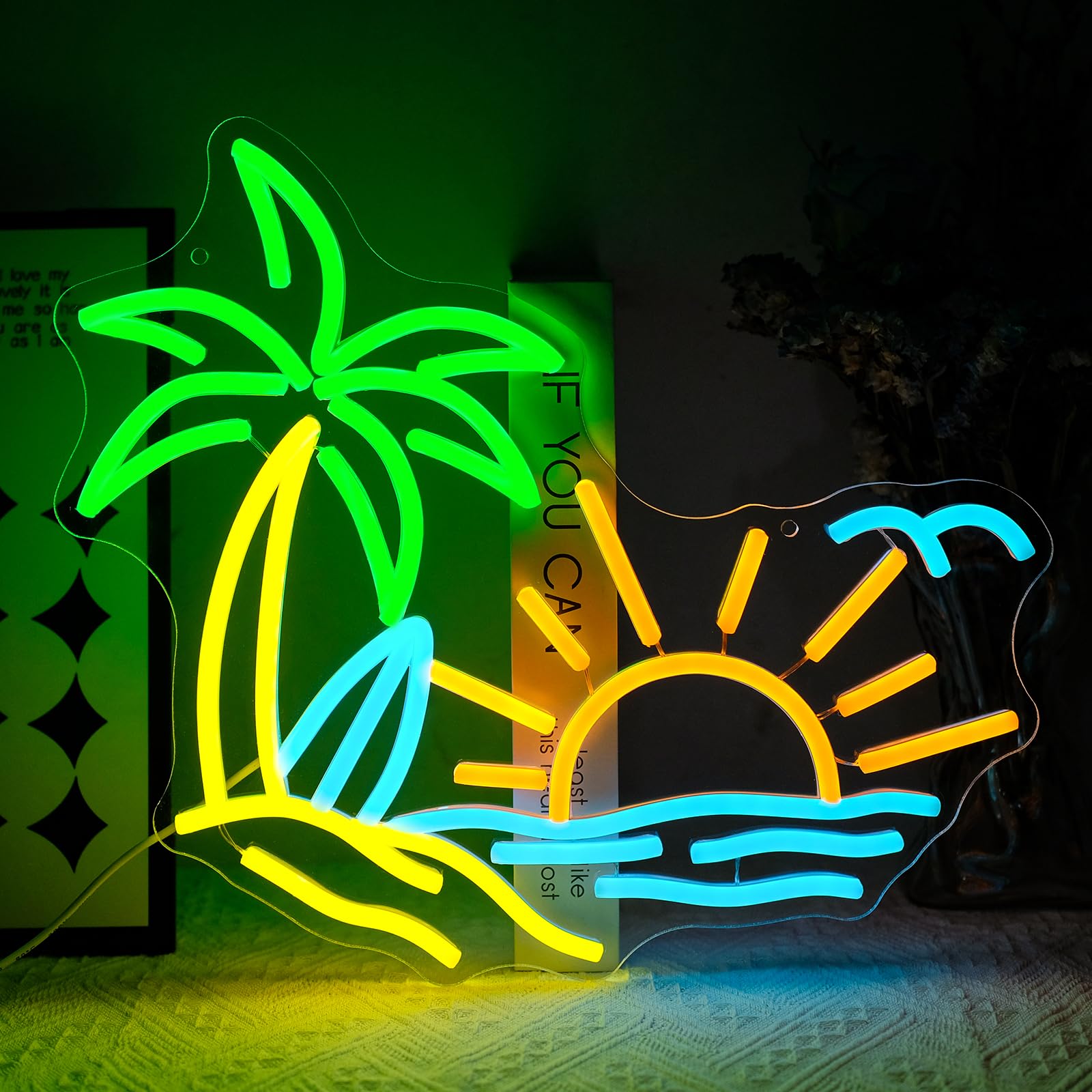 Virlusy Neon Sign Coconut Tree LED Light Summer Beach Decor Small Green Blue Yellow YL-Beach Sunset