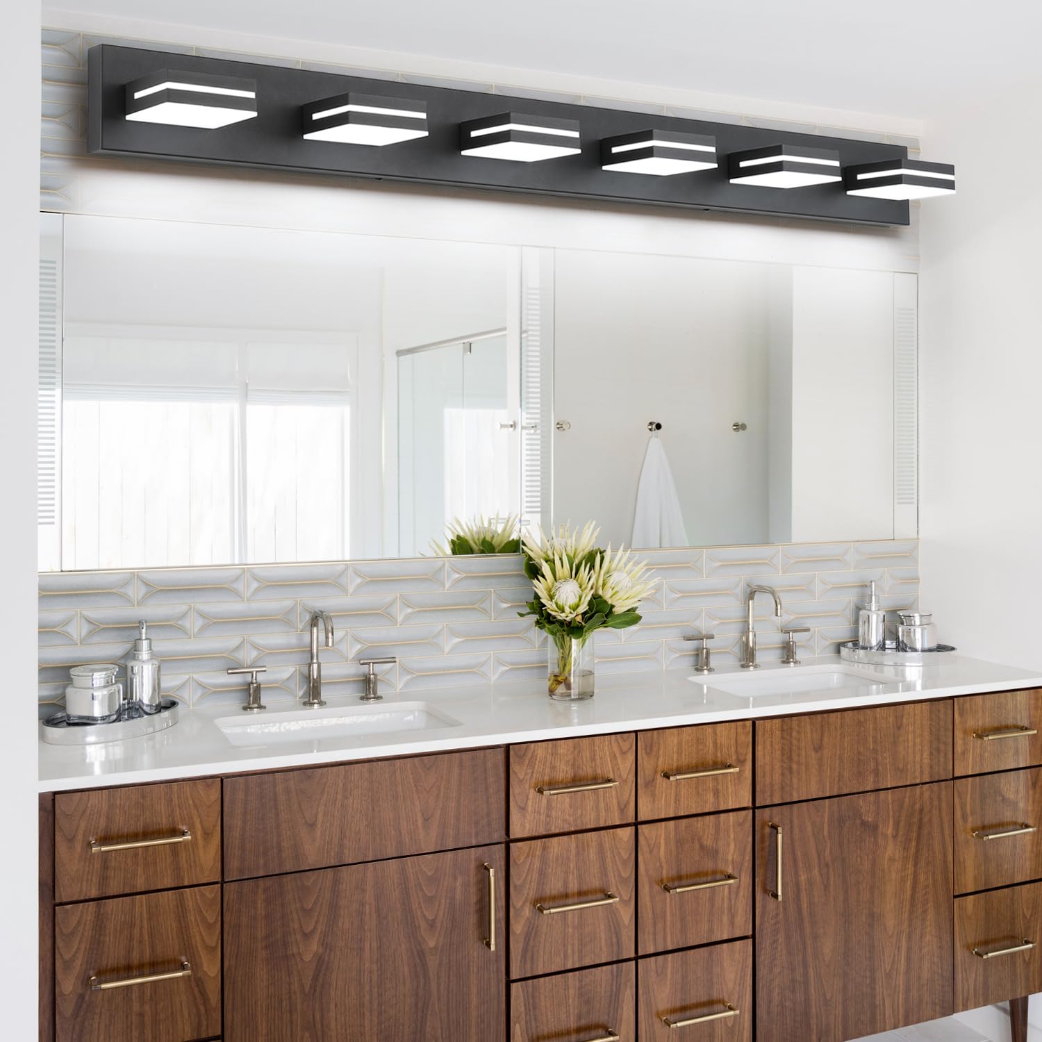 SineRise LED Bathroom Vanity Light Fixture, 6-Light Dimmable, 48-Inch, Brushed Nickel, Modern Acrylic Over Mirror, Cool White 6000K