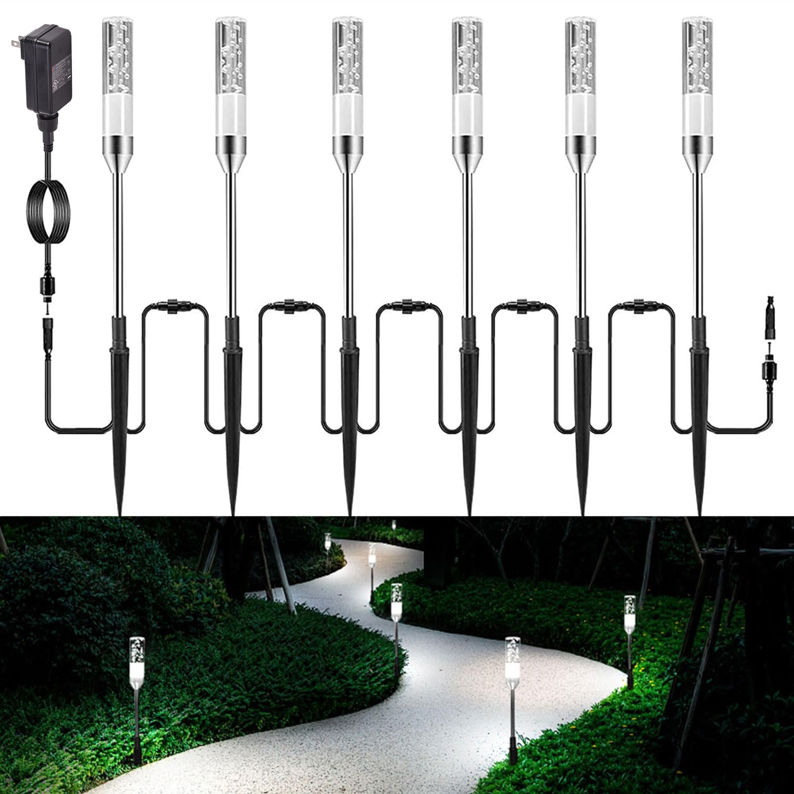 GreenClick Pathway Lights, 12V Low Voltage LED, 570 Lumen, IP65 Waterproof, 6 Pack, Cool White, Model TG005J16C2-01
