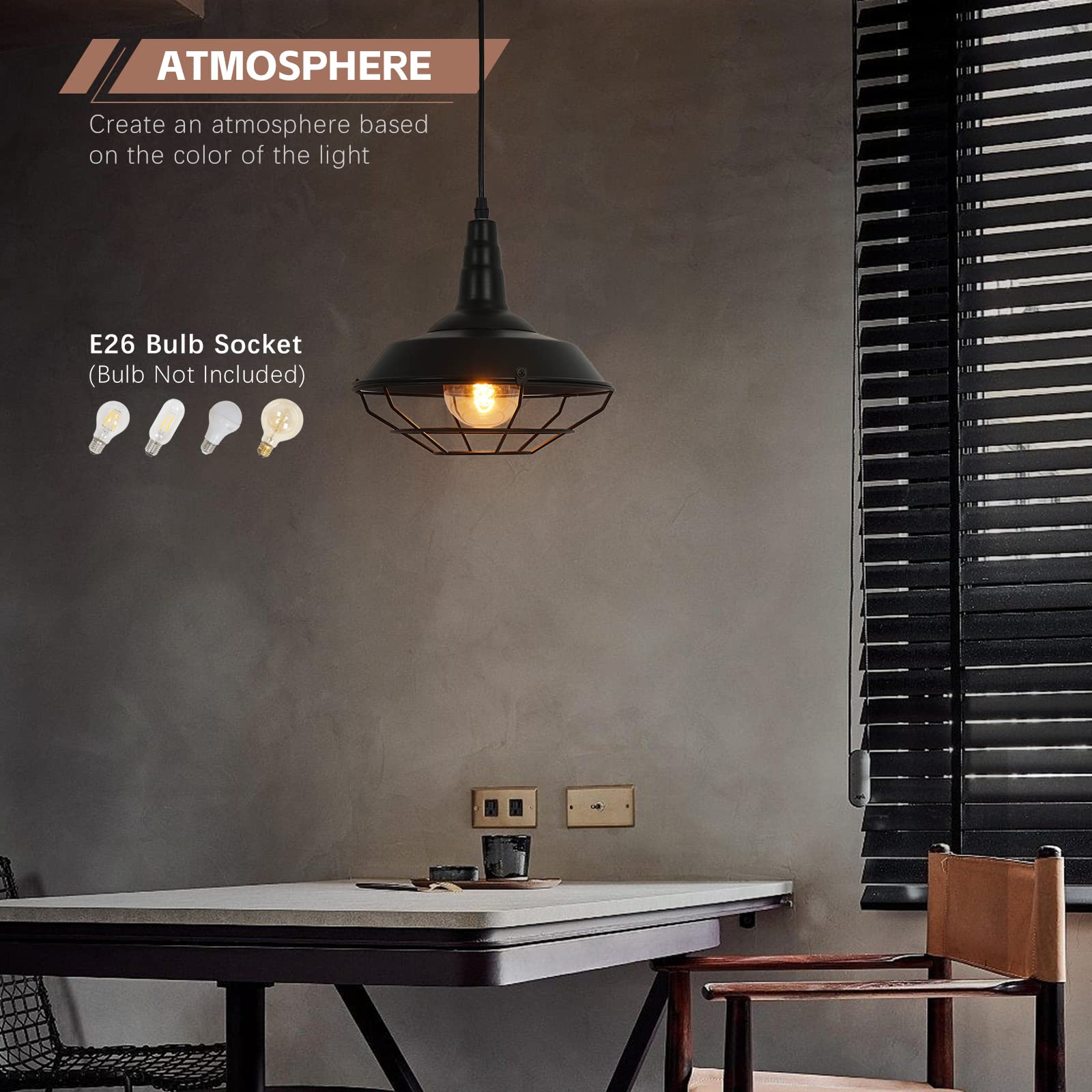 Kighsin Farmhouse Black Metal Wire Cage Plug In Pulley Pendant Lights With 19.4Ft Adjustable Cord On/Off Switch, Industrial Vint