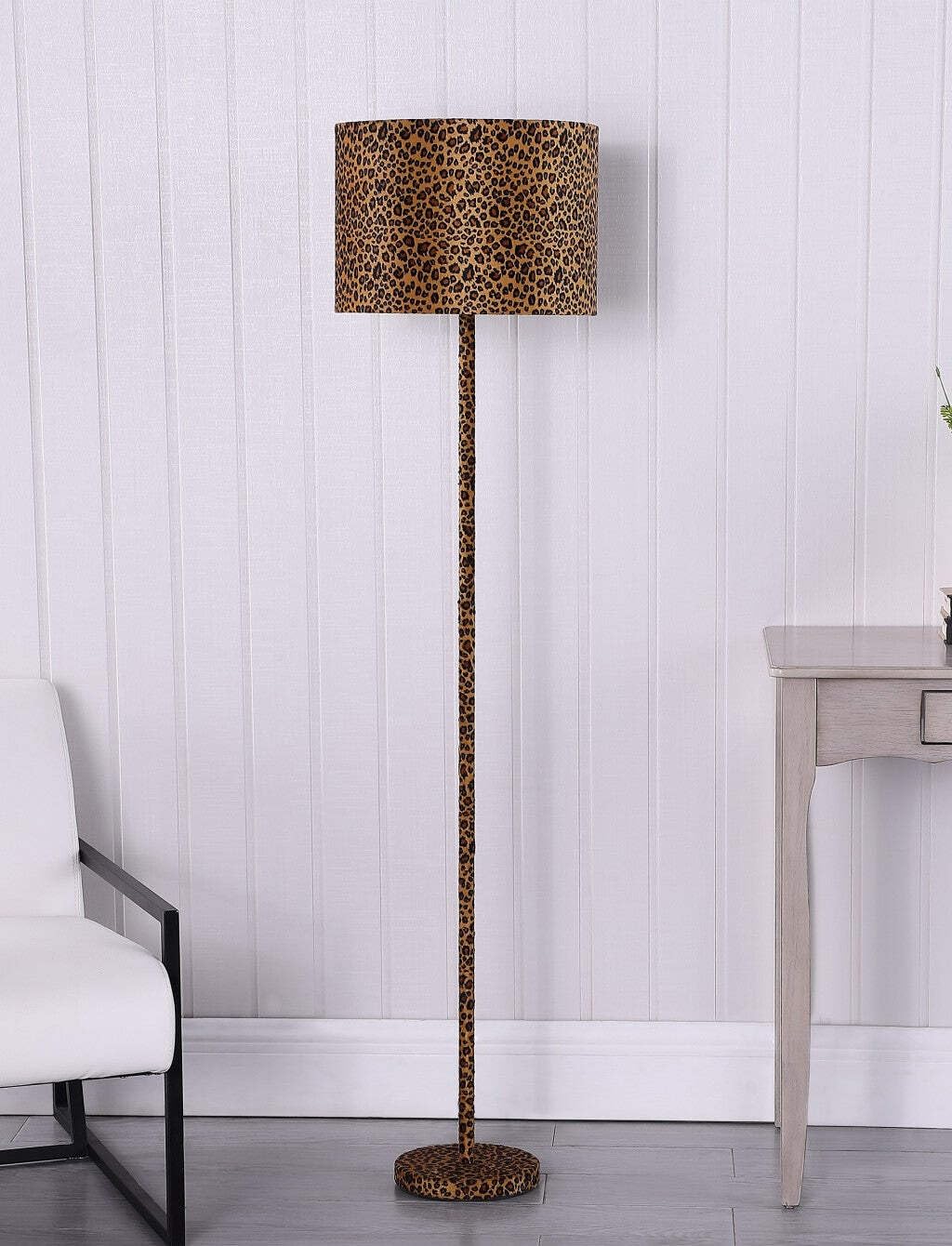 59 Orange And Black Metal Bedside Table Lamp With Orange And Black Drum Shade Leopard Print