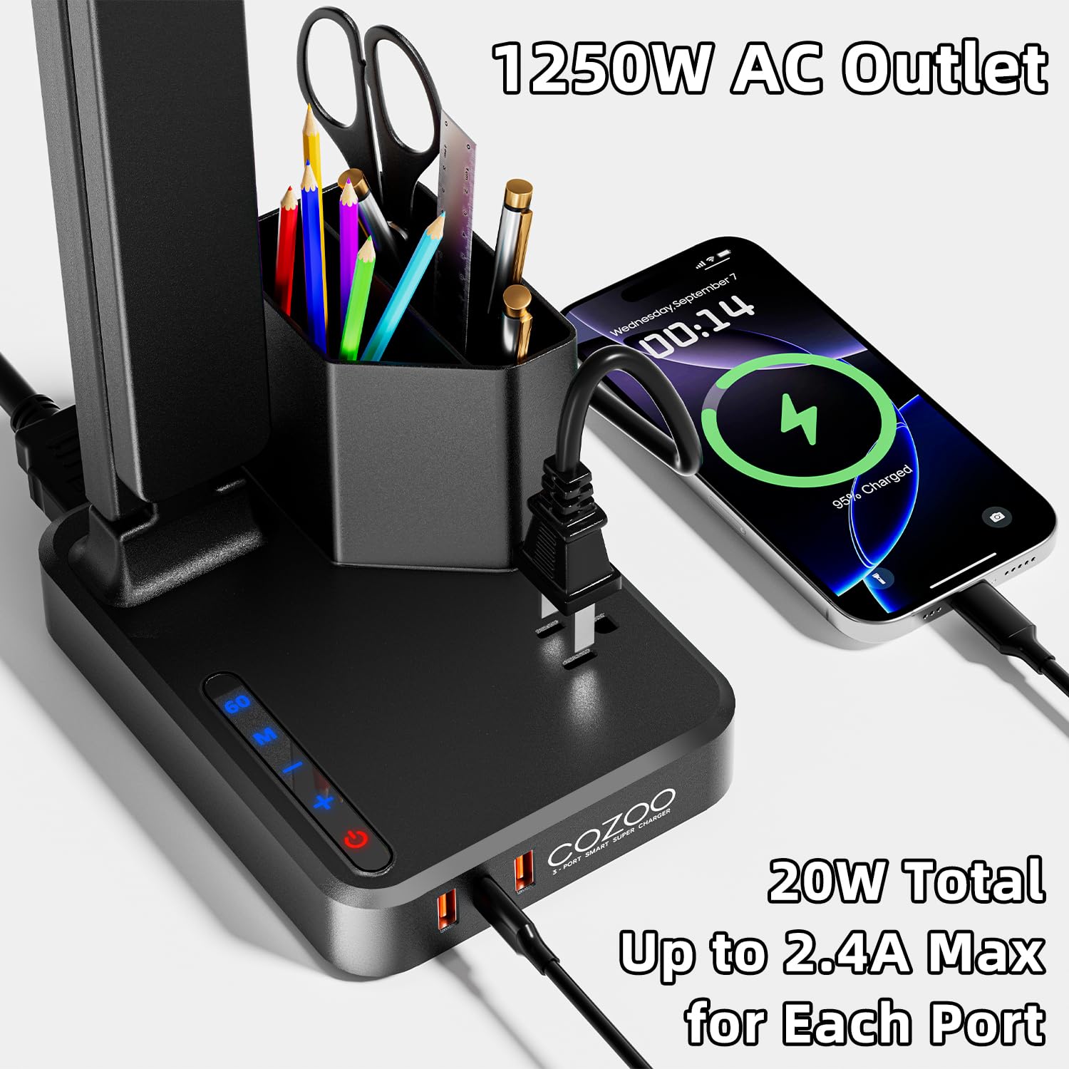 Cozoo Led Desk Lamp With Usb Ports, Ac Outlet, Touch Control, 3 Brightness Levels, Eye Protection