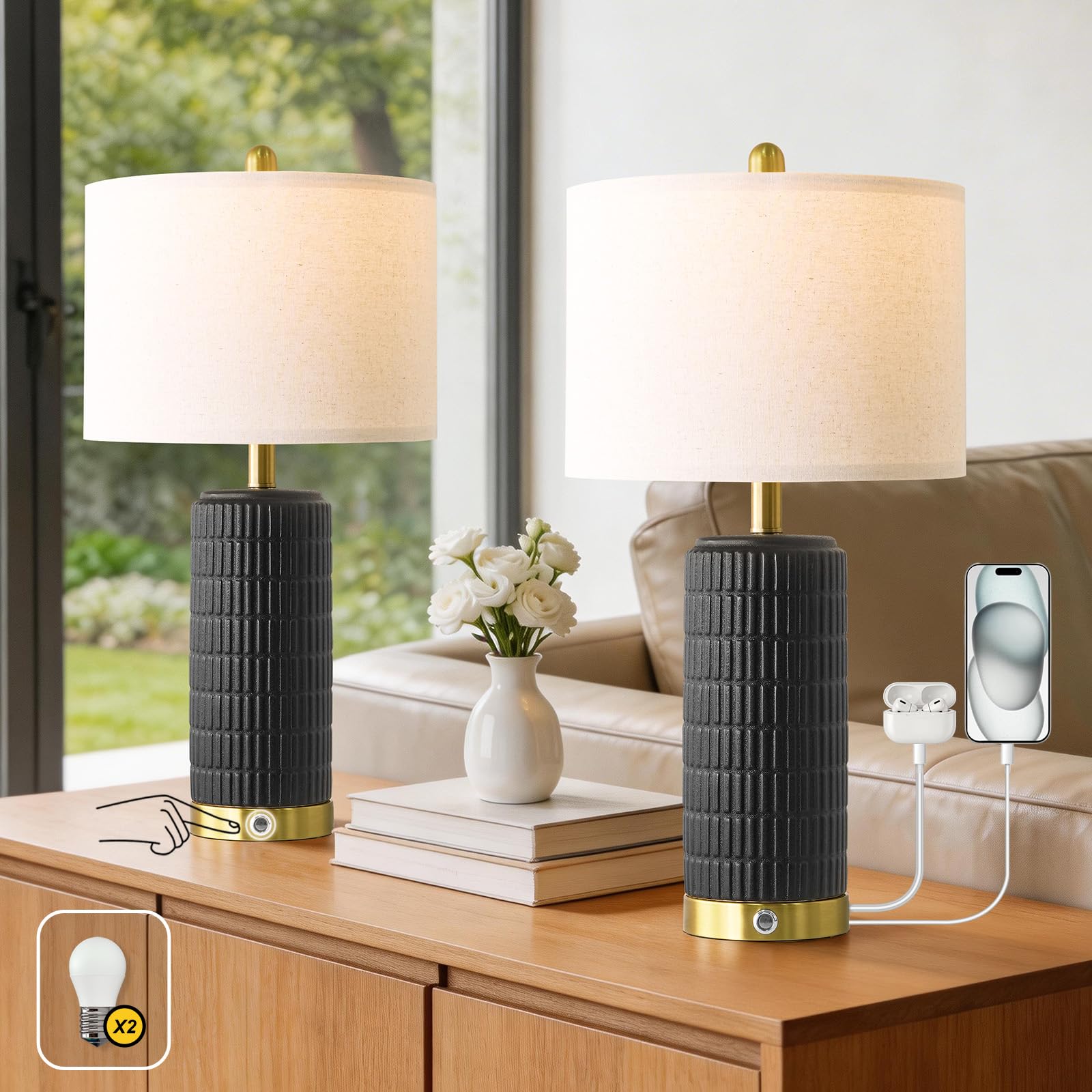 PoKat Ceramic Table Lamps Set of 2 for Living Room, 25 Modern Touch Bedside Lamps for Bedroom with 2 USB Ports, Farmhouse Blac