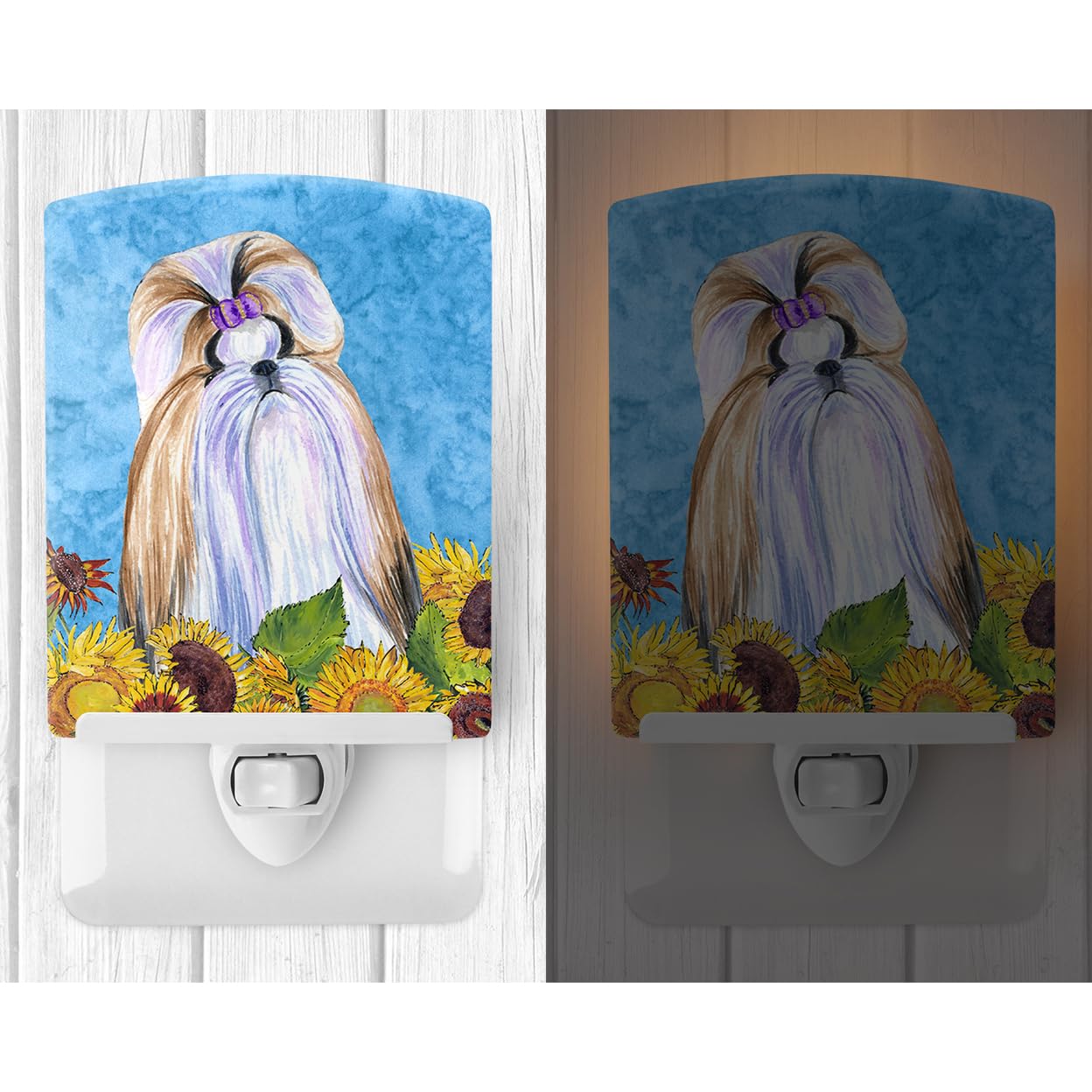 Caroline'S Treasures Ss4234Cnl Shih Tzu In Summer Flowers Ceramic Night Light Compact, Ul-Certified, Ideal For Bedroom, Bathroom, Nursery, Hallway, Kitchen, 6X4X3, Multicolor