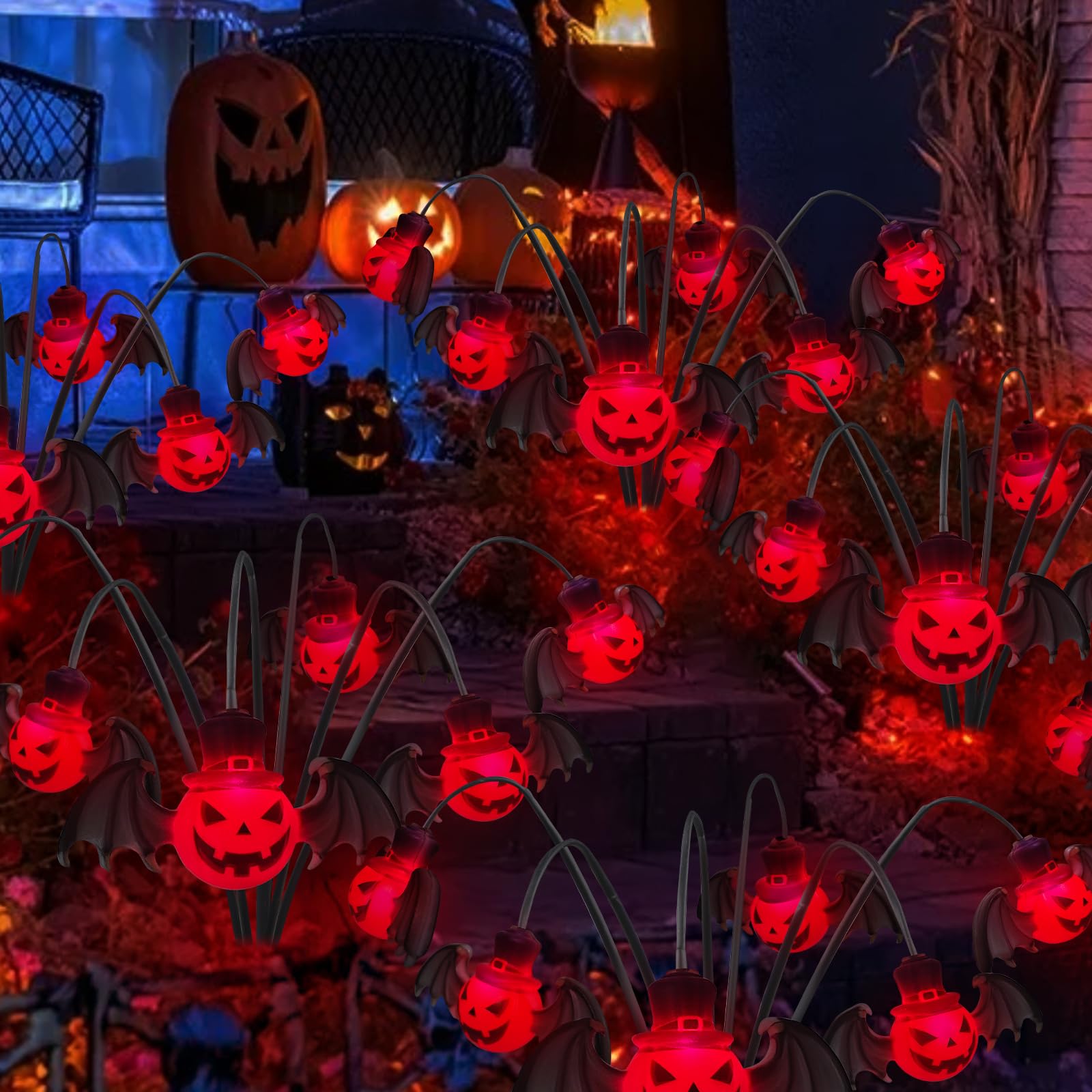 2Packs 12Led Halloween Decorations Solar Garden Lights Outdoor,3D Scary Red Bat&Pumpkin Swaying Firefly Lights For Spooky Hallow
