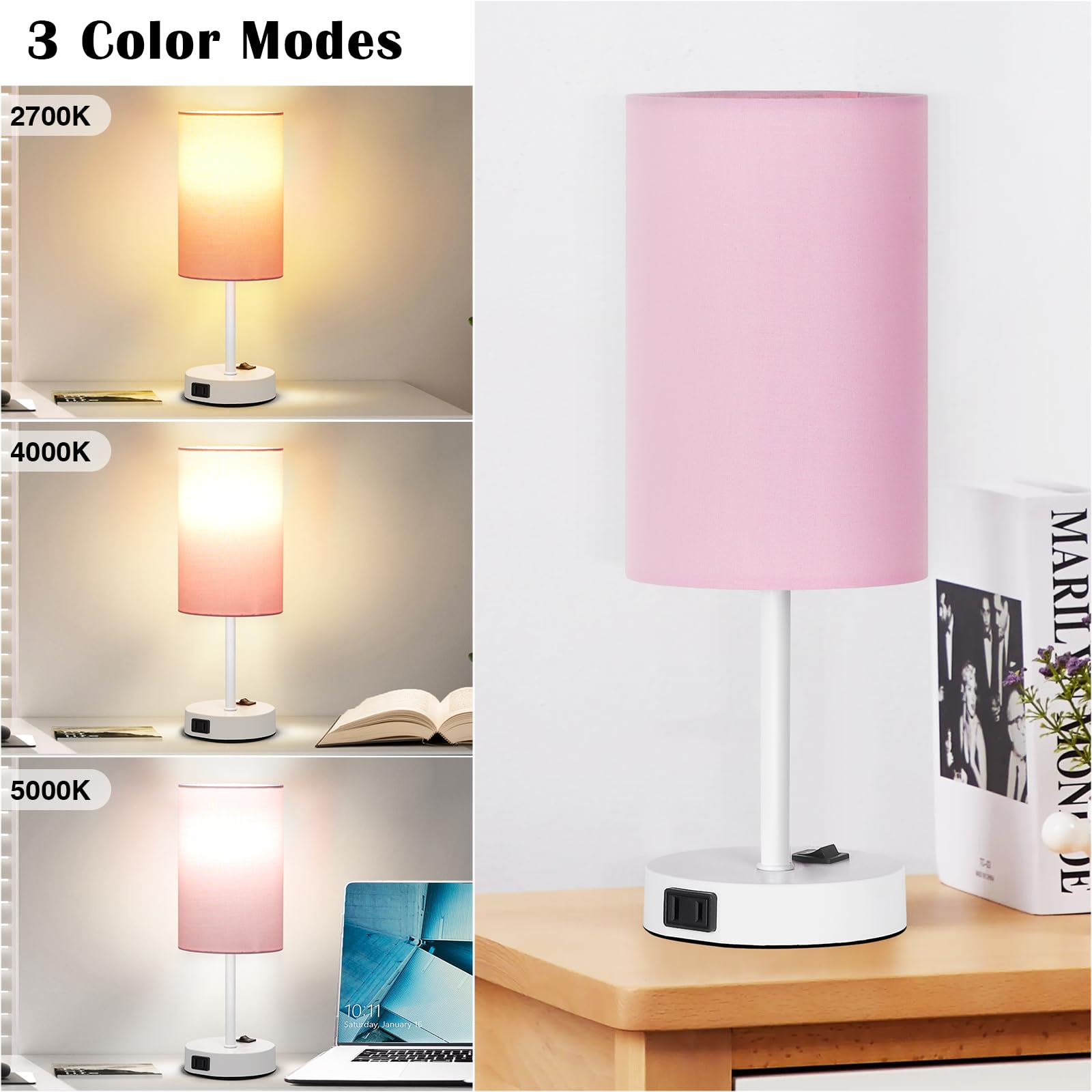 Zjojo Table Lamp For Bedroom Set Of 2, Bedside Small Lamps With 3 Way Dimmable Rocker Switch And Ac Outlet, Nightstand Desk Lamp With Pink Fabric Shade White Base For Living Room Home Decor Lights