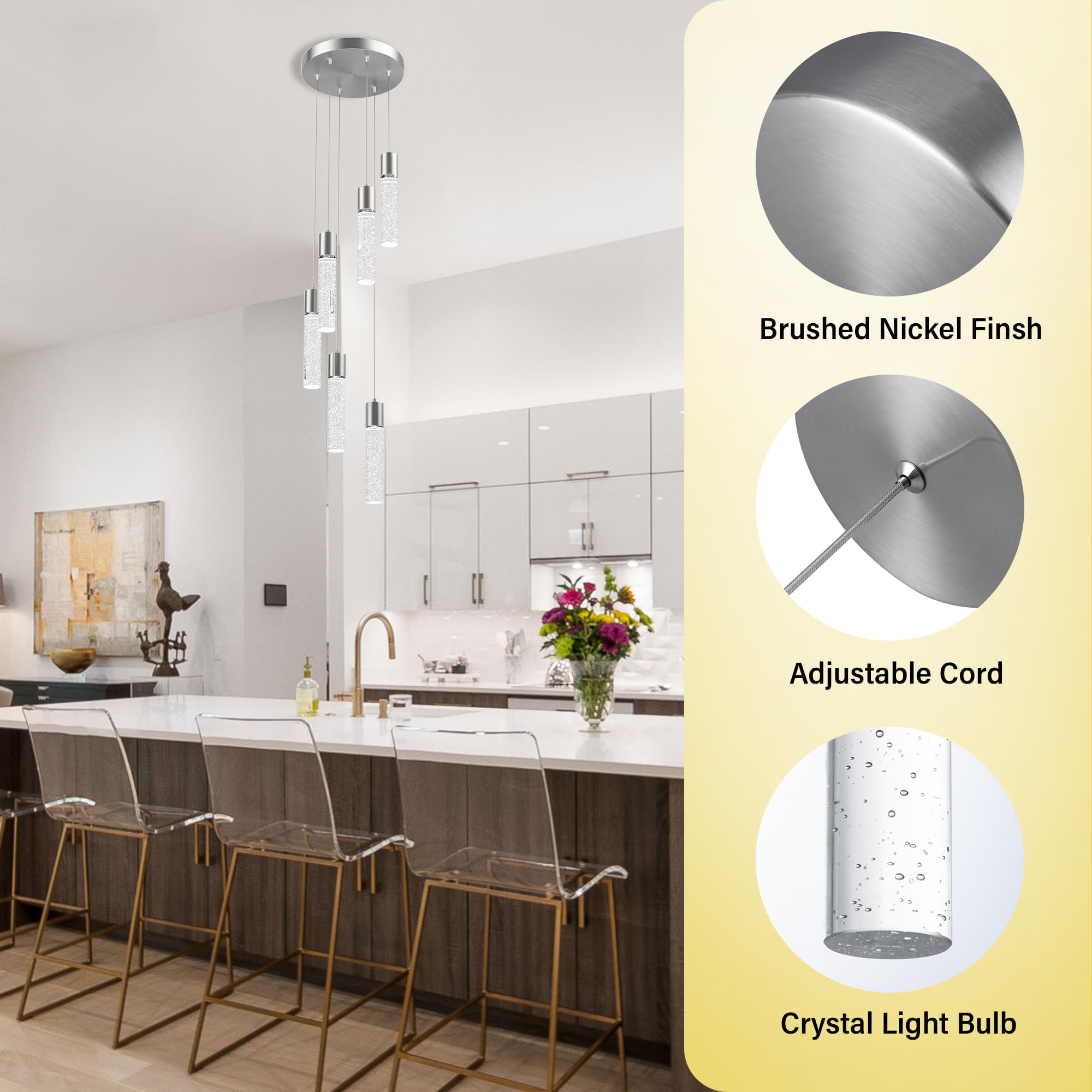 Esfos Pendant Lights Kitchen Island 6-Light, 6500K Modern Kitchen Island Lights Ceiling Lighting Fixtures With Crystal Bubble, I