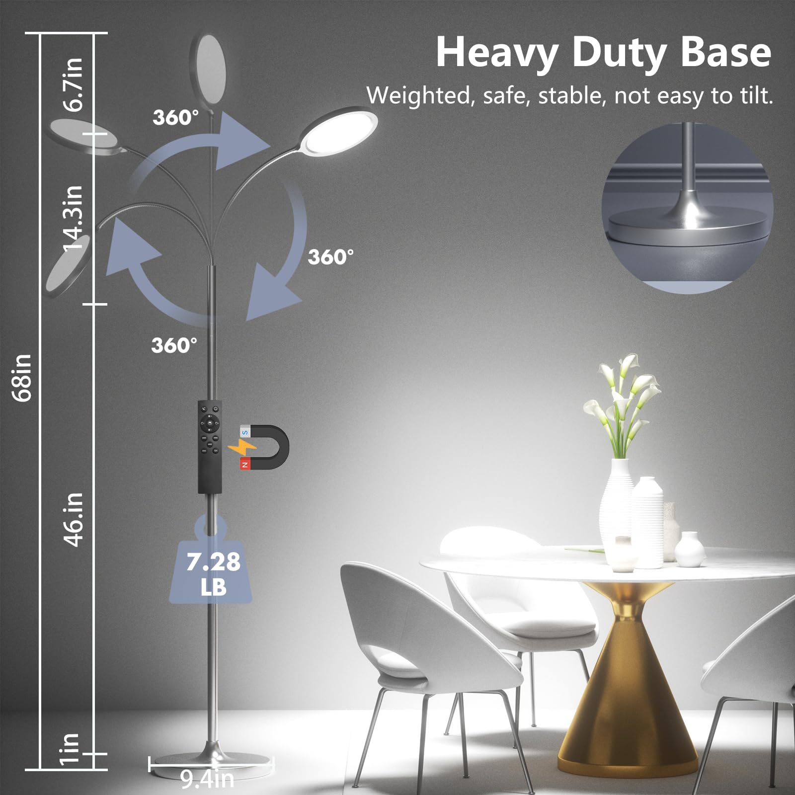 Luckystyle Silver Floor Lamp - Dimmable LED, Adjustable Gooseneck, Remote Control, Model LY-UK-06