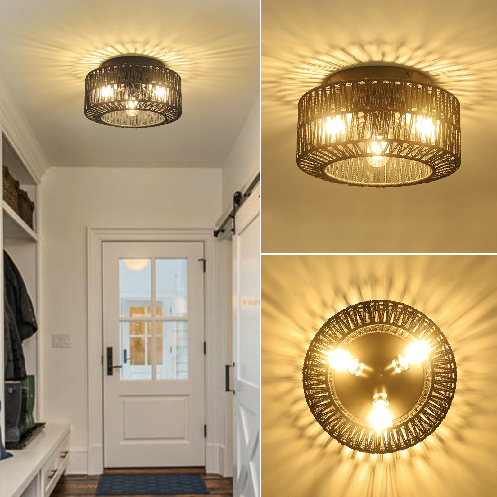 Pauful Rattan Light Fixtures, 3-Light Boho Flush Mount, Farmhouse Ceiling Light With Hand-Woven Shade, Modern Chandelier For Living, Bedroom, Entryway, Kitchen, Nursery