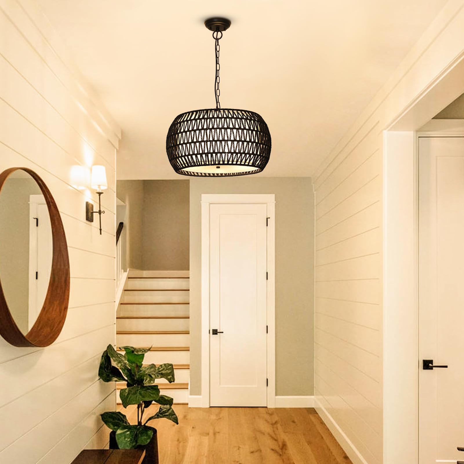 Farmhouse Chandeliers For Dining Room,5-Lights Rattan Boho Chandelier Light Fixture,Black Woven Dining Room Light Fixture With F