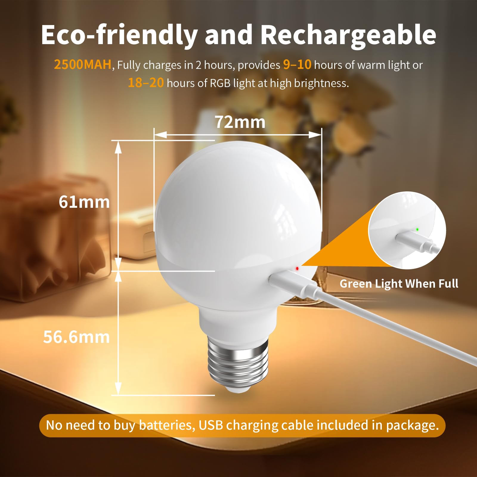 Histar Rechargeable Light Bulbs For Sconce And Lamp, E26 Battery Operated Light Bulb With Remote, Rgb, Timer, Dimmable, 3 Color